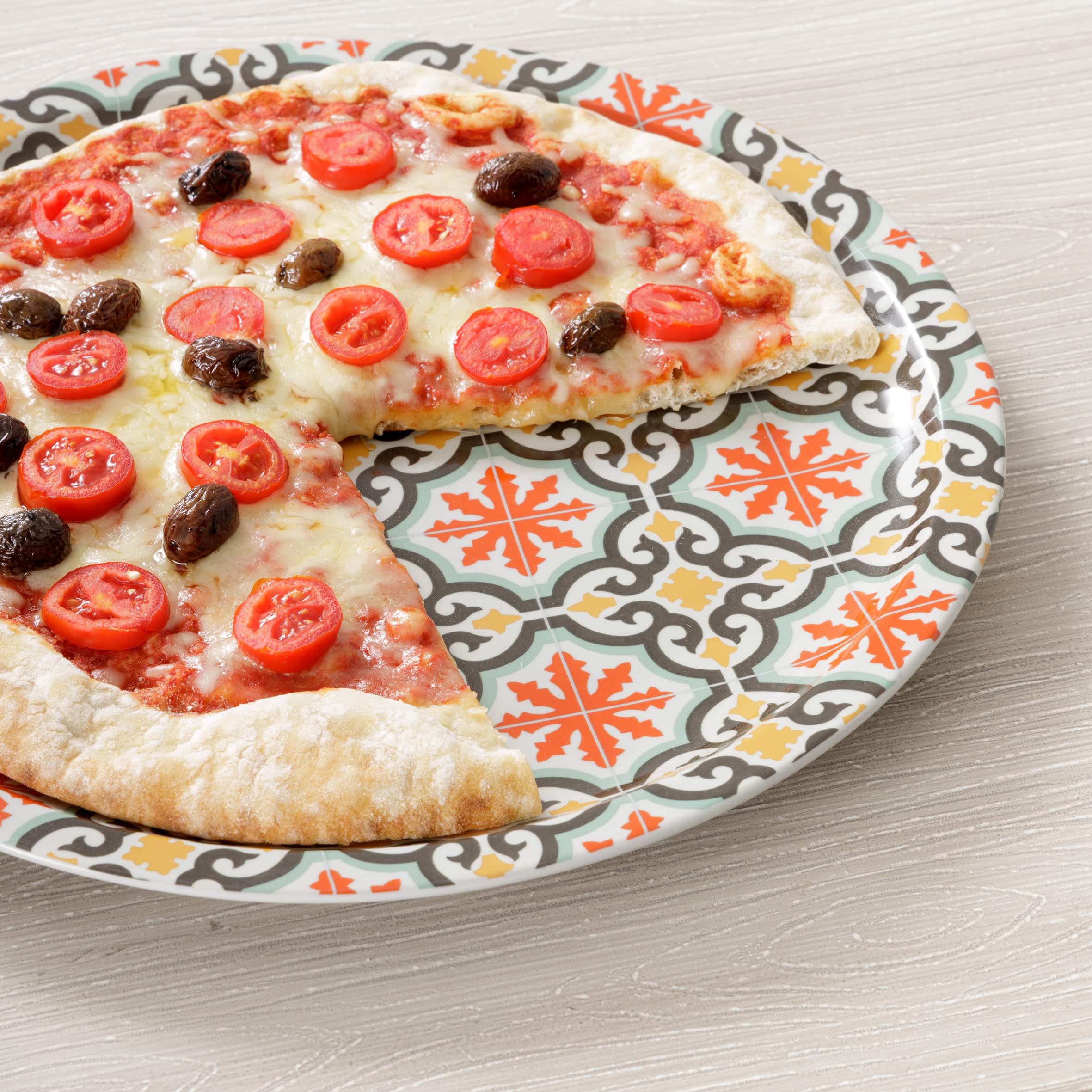 Baroni Home Set 4 Piatti Pizza Assortiti con Fantasia Cefalù, Piatti Pizza di Porcellana Ø 31 cm