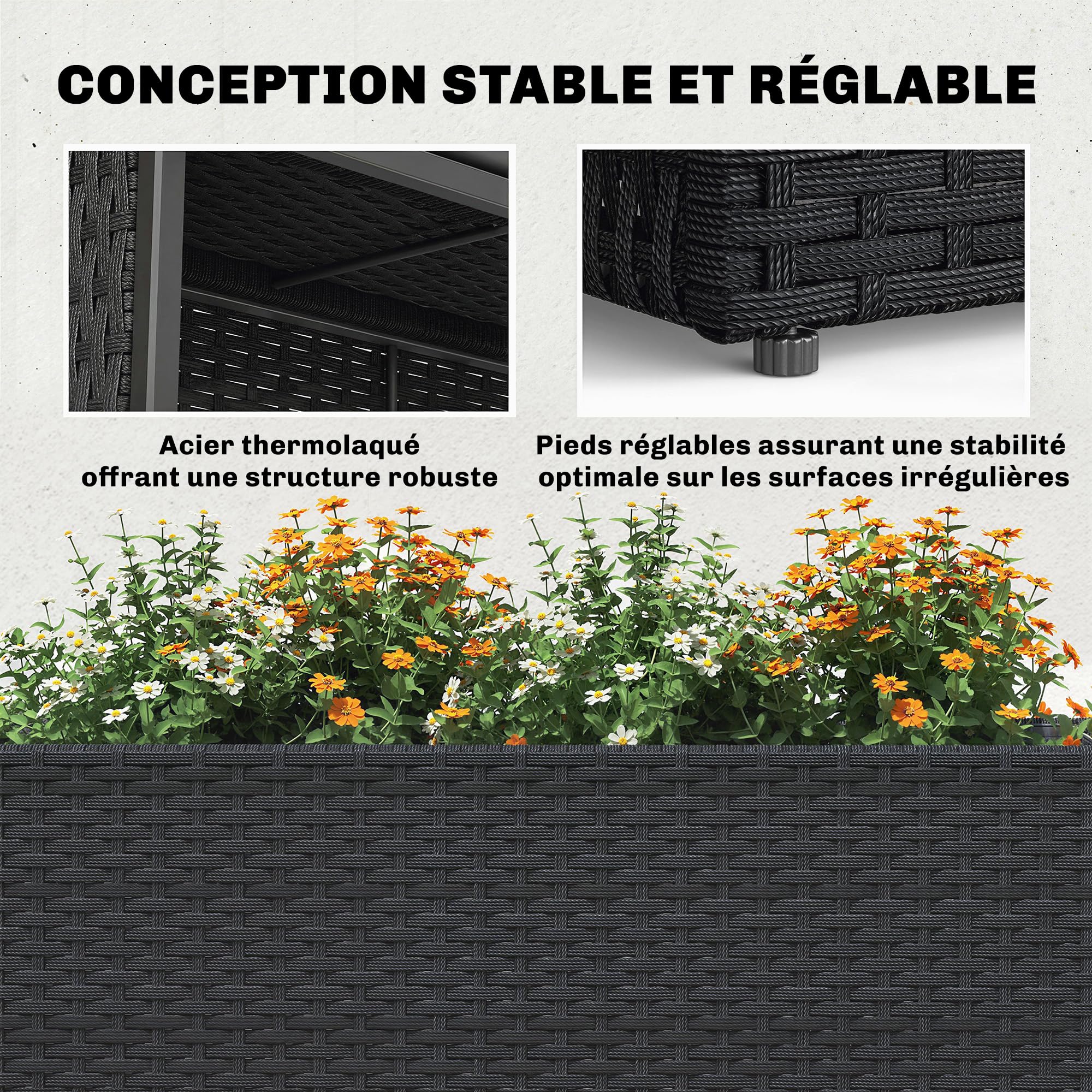 Outsunny Jardinière surélevée en résine tressée, support de fleurs avec bac amovible et pieds réglables, cadre en acier, pour fleurs et légumes dans patio, balcon, terrasse, noir
