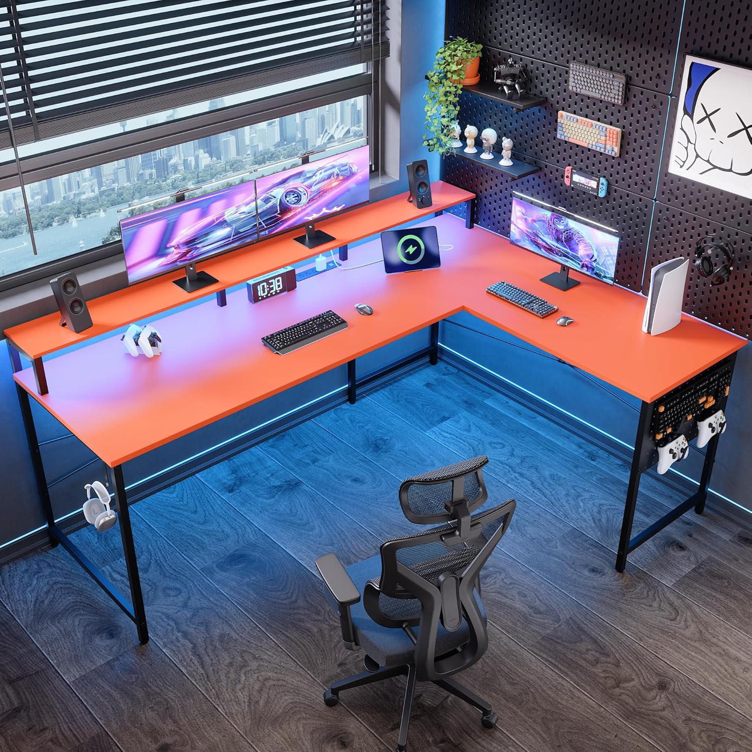 Pamray 64 Inch L Shaped Gaming Desk with Power Outlets and Led Lights, Large Corner Computer Desk with Monitor Stand and Pegboard, PC Table for Home Office and Bedroom Orange
