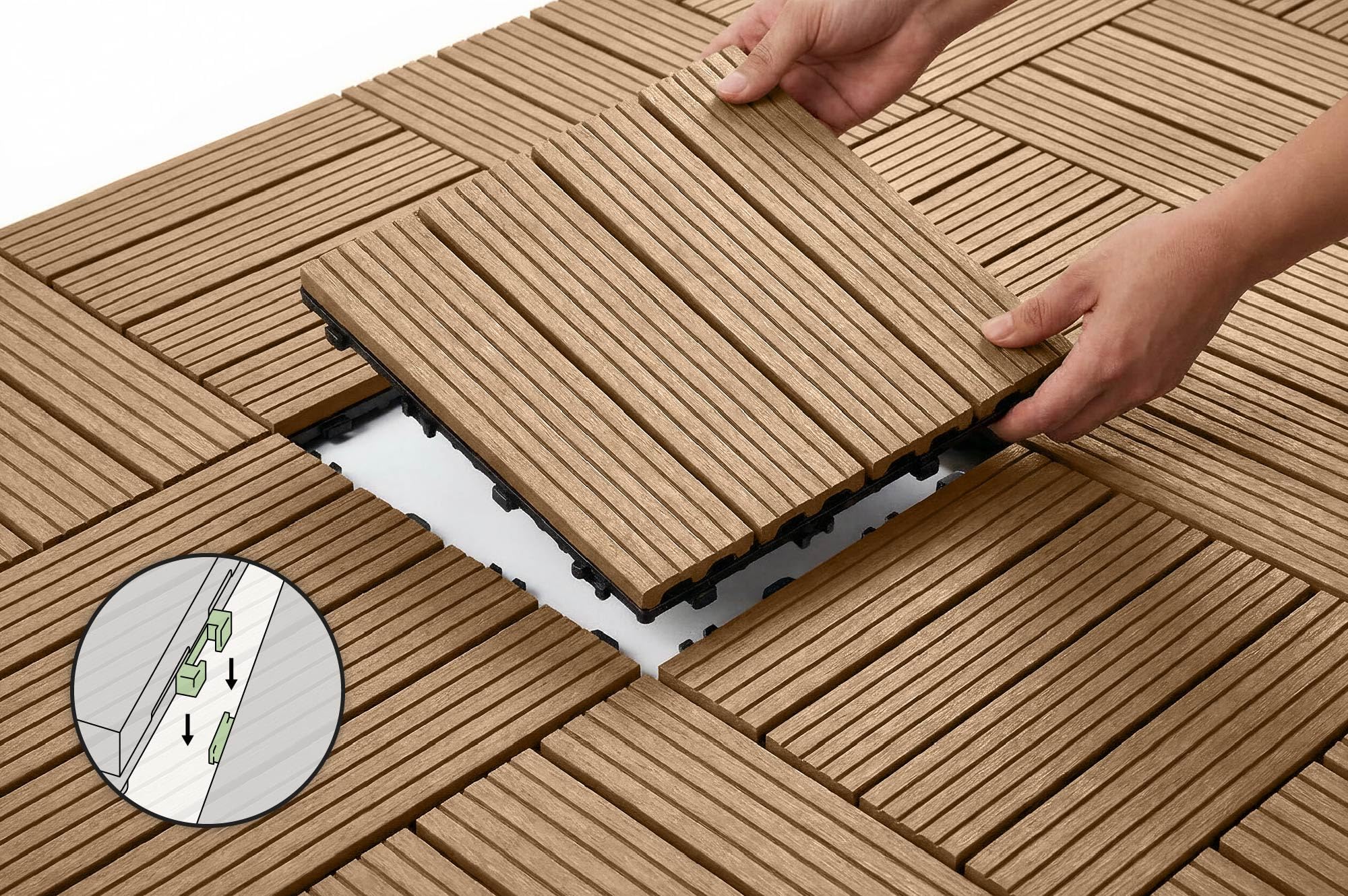 Casanoov Lot de 30 dalles clipsables terrasse en composite SERRA teck rainuré 30x30cm