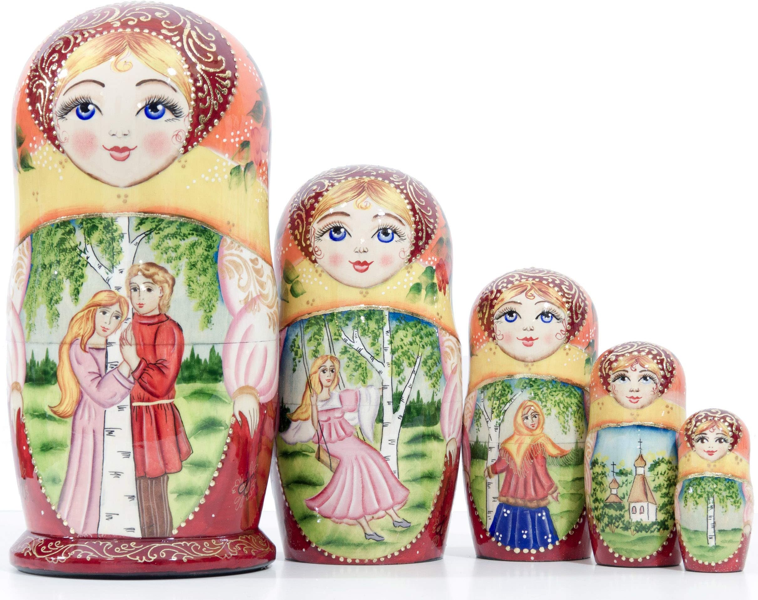 Russian Nesting Doll - Village Scenes - Hand Painted in Russia - Traditional Matryoshka Babushka (Scene L, 6.75``(5 Dolls in 1))