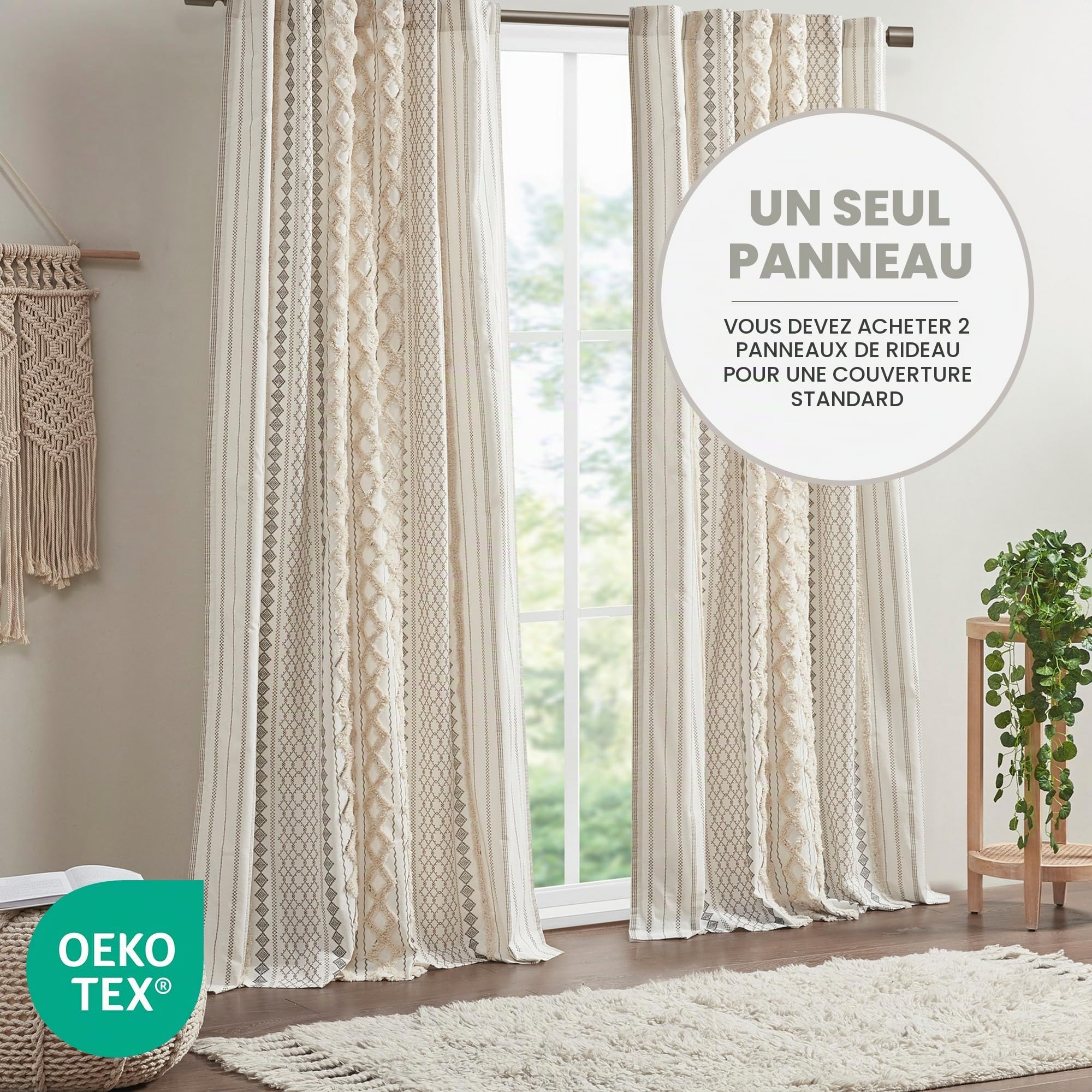 INK+IVY Imani Rideau à Panneau Simple touffeté 100% Coton Chenille à Rayures géométriques Aspect Milieu du siècle avec Passe-Tringle pour Salon, Chambre à Coucher, 127 x 213,4 cm, Ivoire