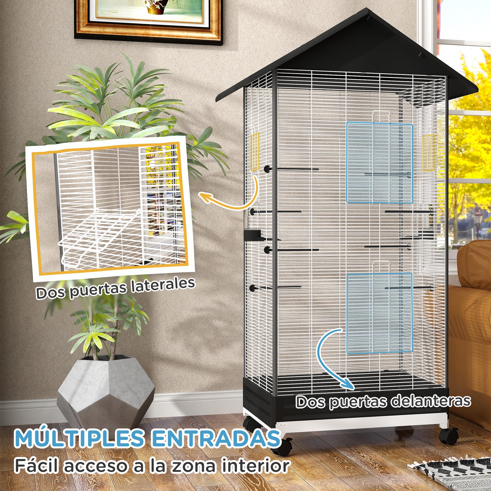 PawHut Jaula para Pájaros con Ruedas Pajarera Metálica con Bandeja Extraíble 4 Puertas 2 Comedores 8 Perchas para Canarios Periquitos 79x65x155 cm Negro