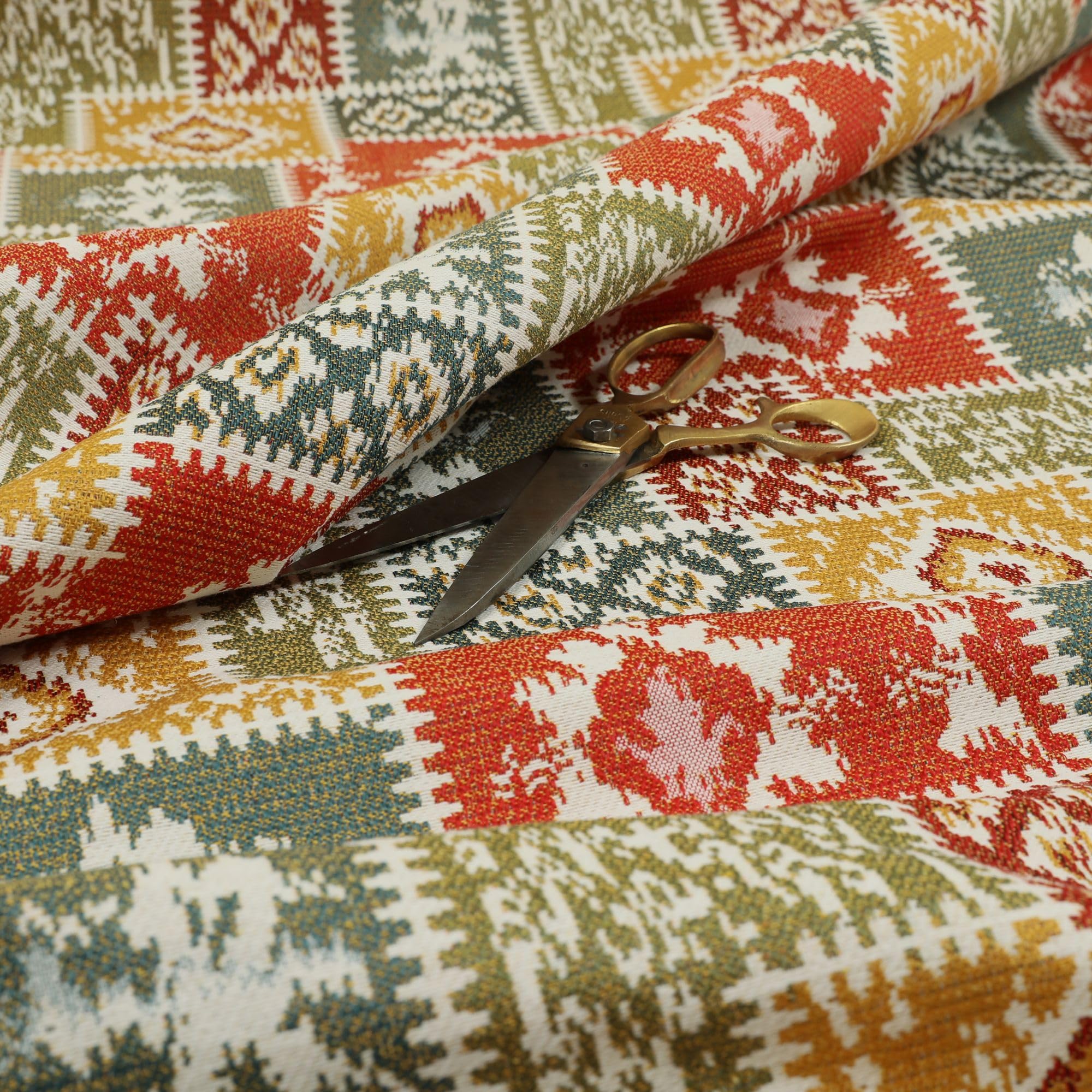 Redbrick Mill Fabrics White Orange Kilim Patchwork Chenille Green Yellow Upholstery Furniture Fabric (10Cm X 8Cm Sample)