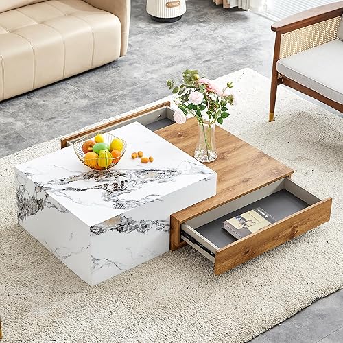 Miniatura 10 de Mesa de centro moderna de mármol, mesa central rectangular de madera con patrón de mármol para sala de estar, mesa de cóctel contemporánea para el