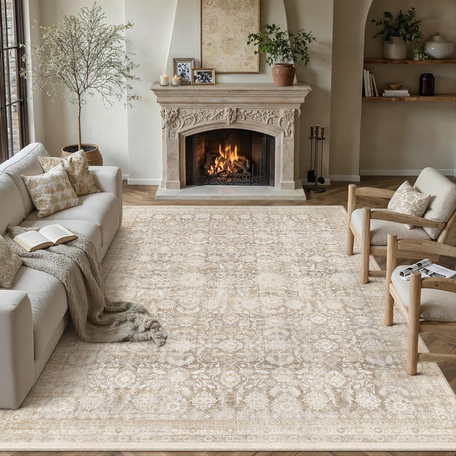 8x10 Beige Washable Neutral Area Rug Living Room Floral Non Slip Low Pile Large Rug Vintage Traditional Stain Resistant Distressed Carpet Bedroom Dining Room Office Playroom