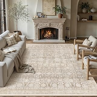 8x10 Beige Washable Neutral Area Rug Living Room Floral Non Slip Low Pil...