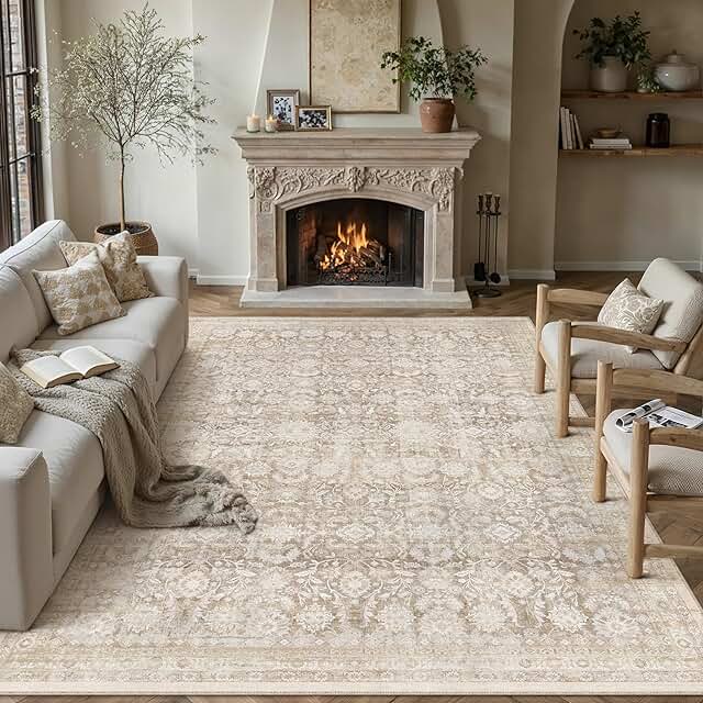 8x10 Beige Washable Neutral Area Rug Living Room Floral Non Slip Low Pil...