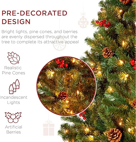 Miniatura 9 de Best Choice Products Árbol de Navidad artificial de abeto preiluminado de 7.5 pies con bisagras con 1,346 puntas, piñas, bayas, 550 luces, base