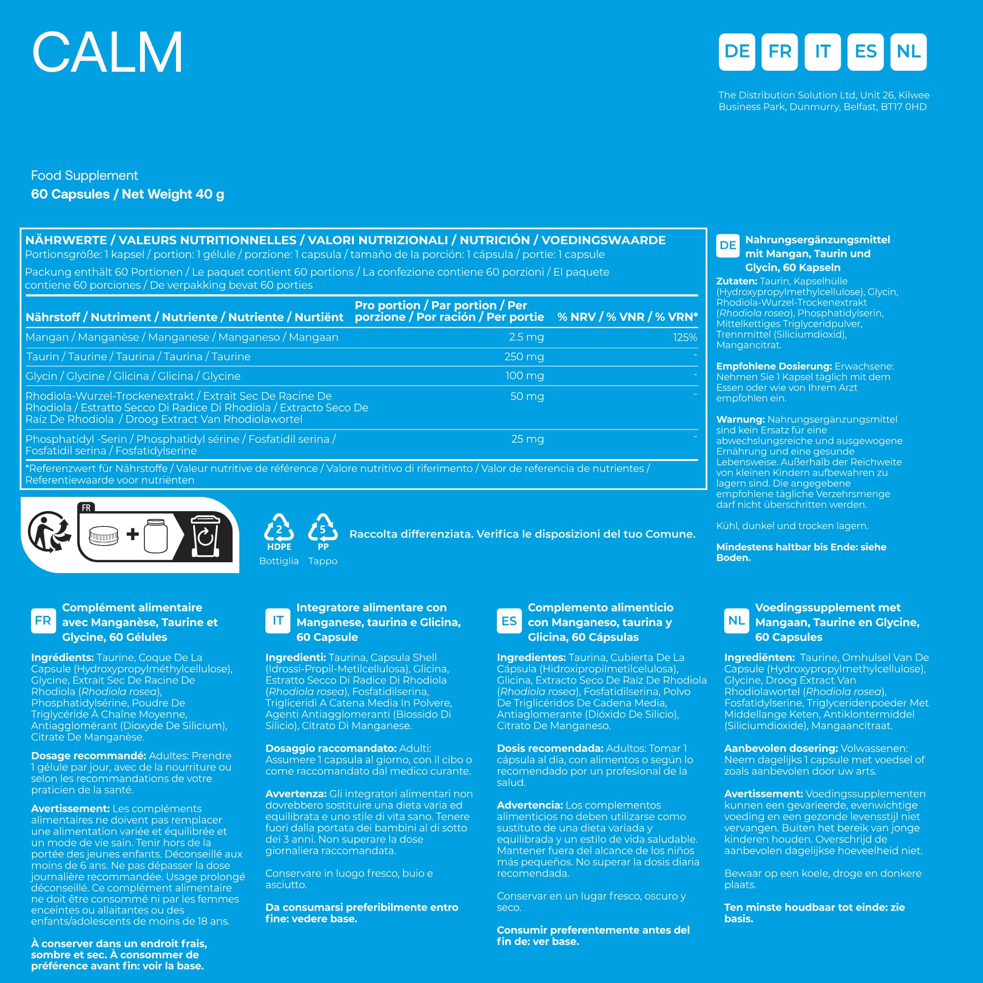 BodyBio Calm - Rhodiola Rosea, Glycine & Phosphatidylsérine - Gestion du Stress Sans Somnolence - Relaxation & Concentration - Formule Naturelle Végane & Sans Gluten - 60 Gélules
