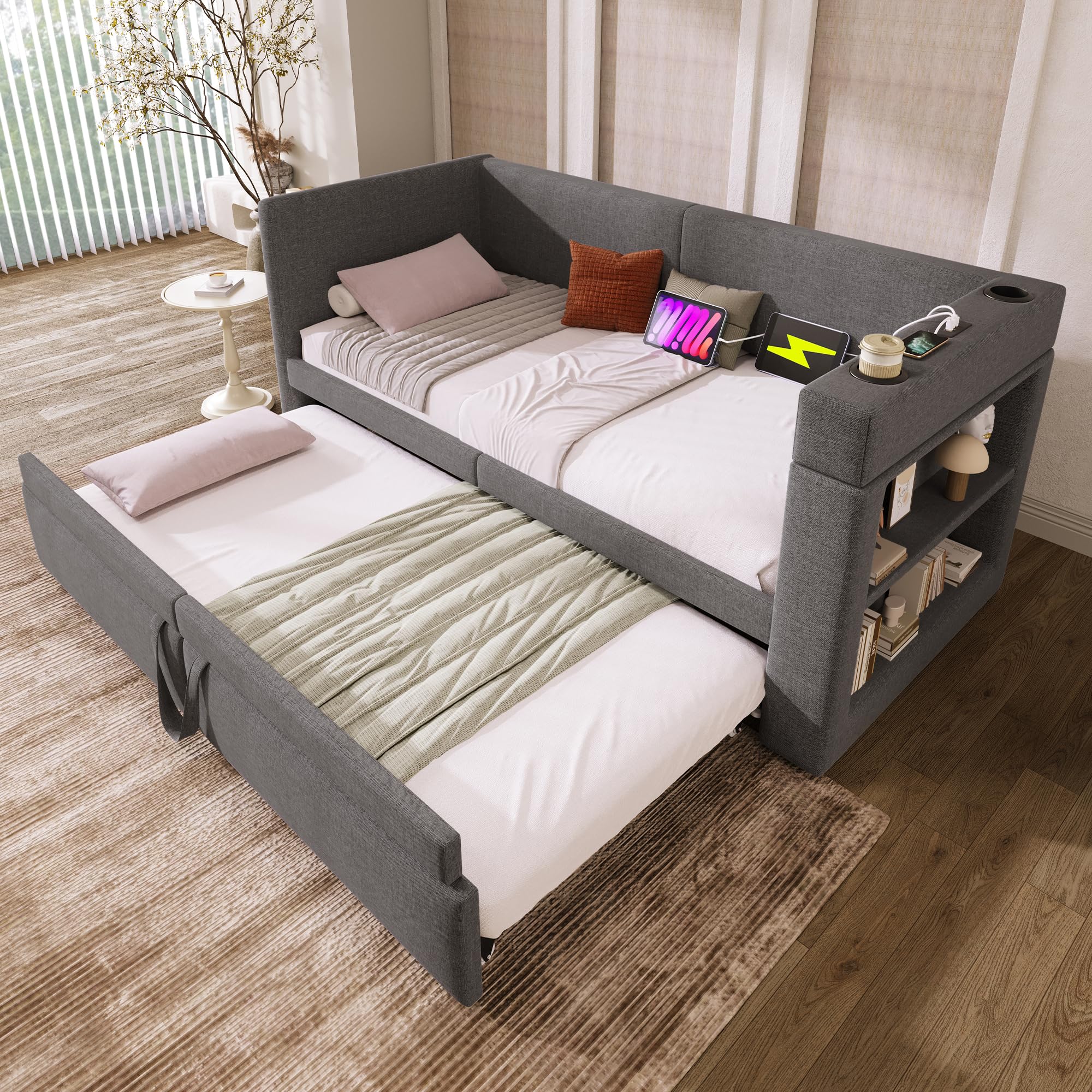 Polsterbett Ausziehbares Schlafsofa 90/180 x 200 cm, Einzelbett Daybett mit USB Type-C Ladefunktion, Armlehnen mit Getränkehalter und Regal, Leinen, ohne Matratze, Dunkelgrau