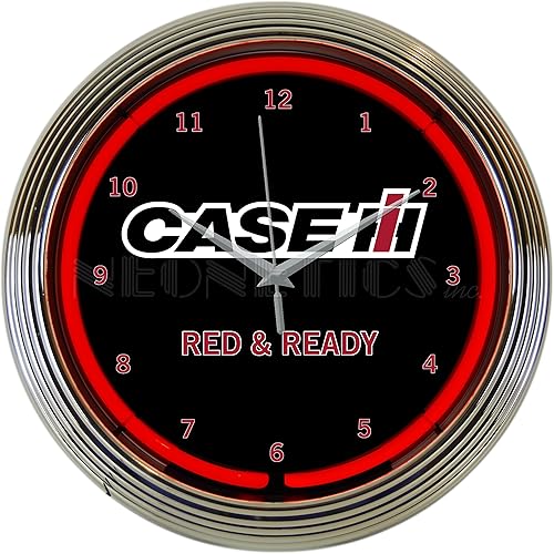 Case IH International Harvester - Reloj de neón rojo y listo de 15.0in de diámetro con borde cromado y neón rojo - 8CASEC