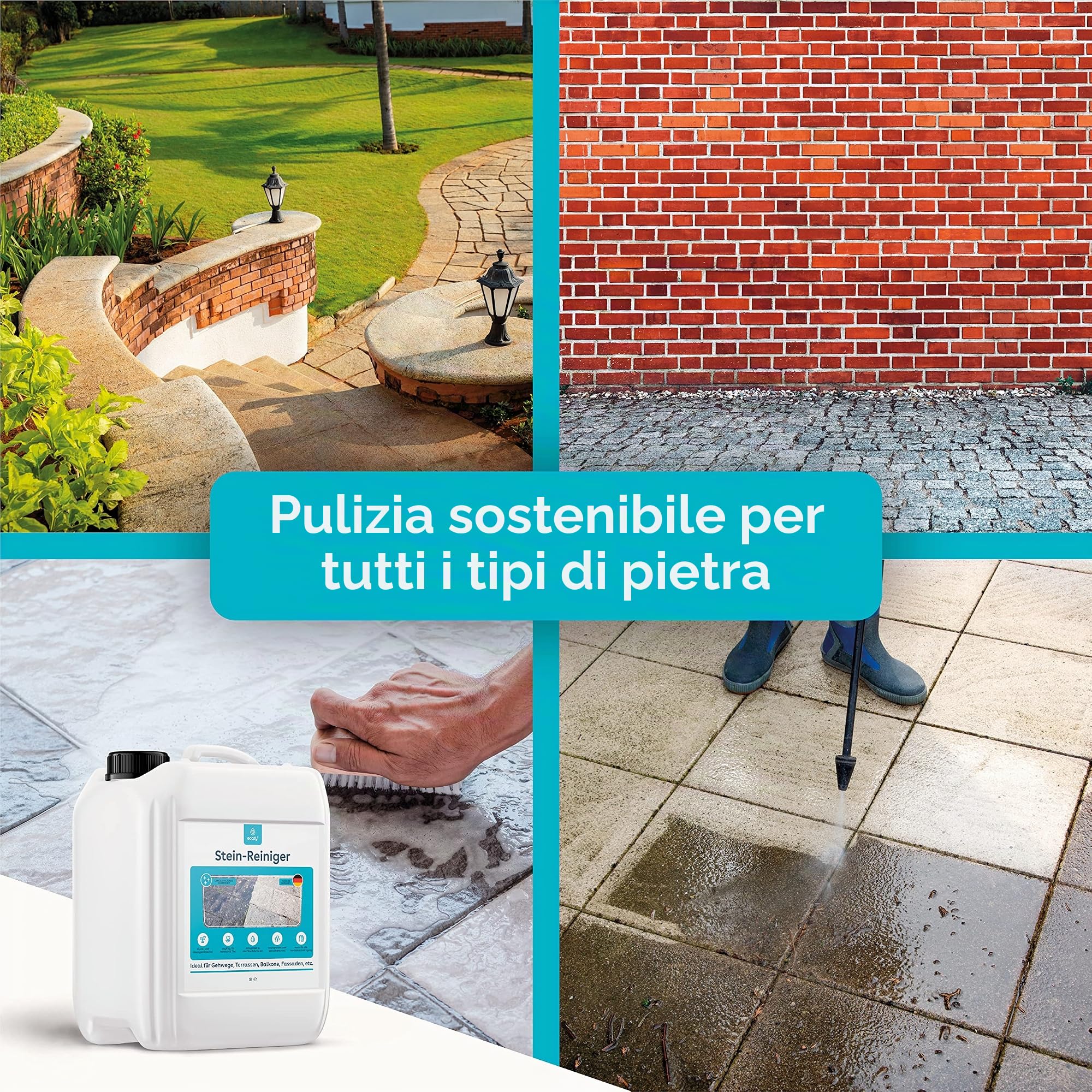 Detergente intensivo per pietre e lastre Detergente per pietre Pulitore senza cloro e senza acidi per vialetti, terrazze, cemento, piastrelle, rimozione dello sporco (5 litri)