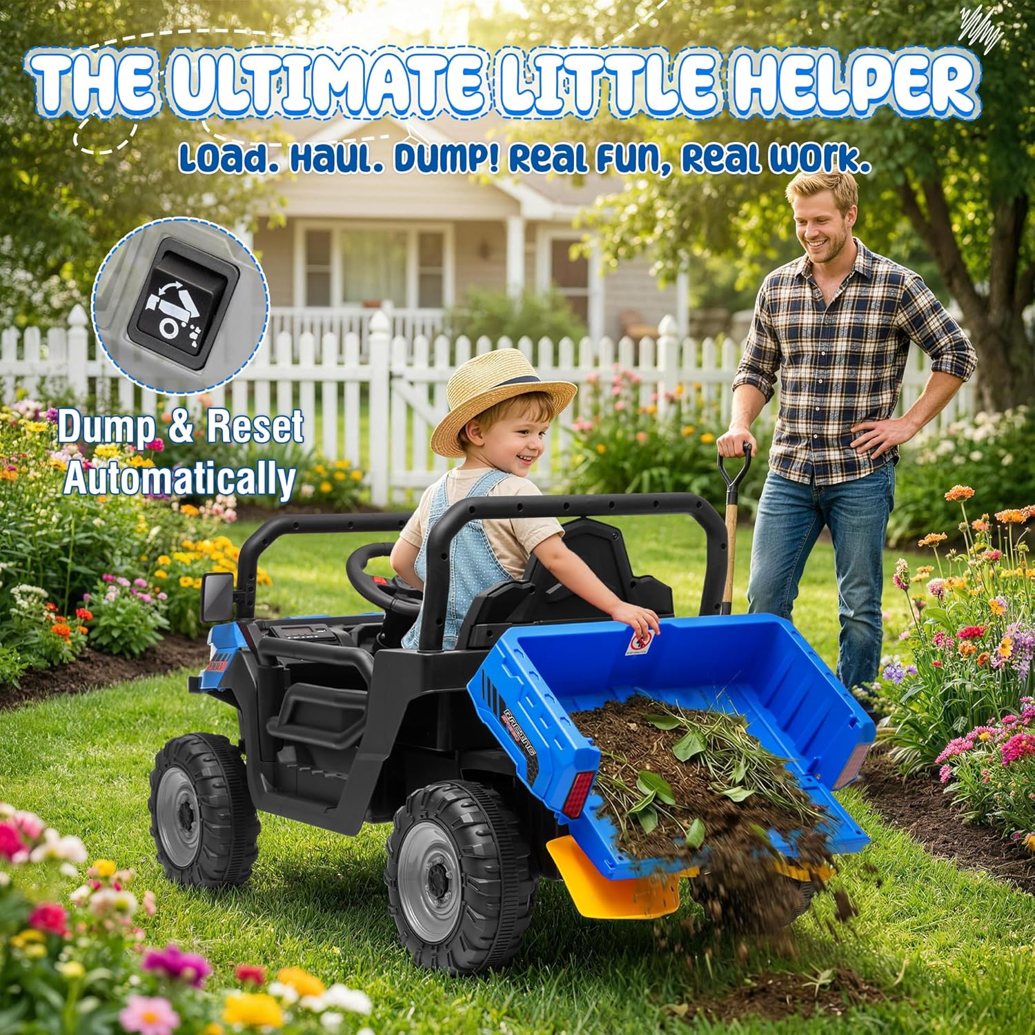 24V Ride On Dump Truck, 400W Power Ride On Toys w/Remote Control, 3 Speeds, Electric Dump Bed & Shovel, Shock Absorbers, Led Lights, Bluetooth & Gift Bow, Electric Car for Kids Toddlers, Blue