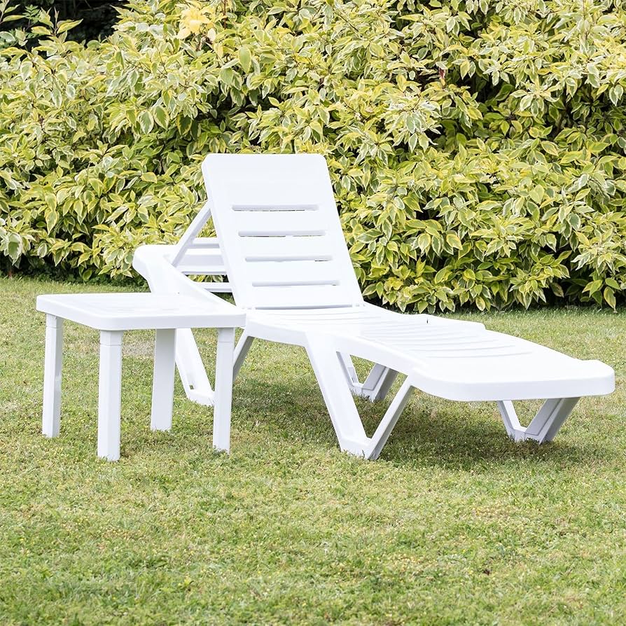 Resol Master Sun Lounger 5-Position Adjustable Backrest - White - Heavy Duty Plastic Stackable Sunlounger Outdoor Patio Sunbed Garden Recliner Chair For Beach, Pool, Patio, Garden