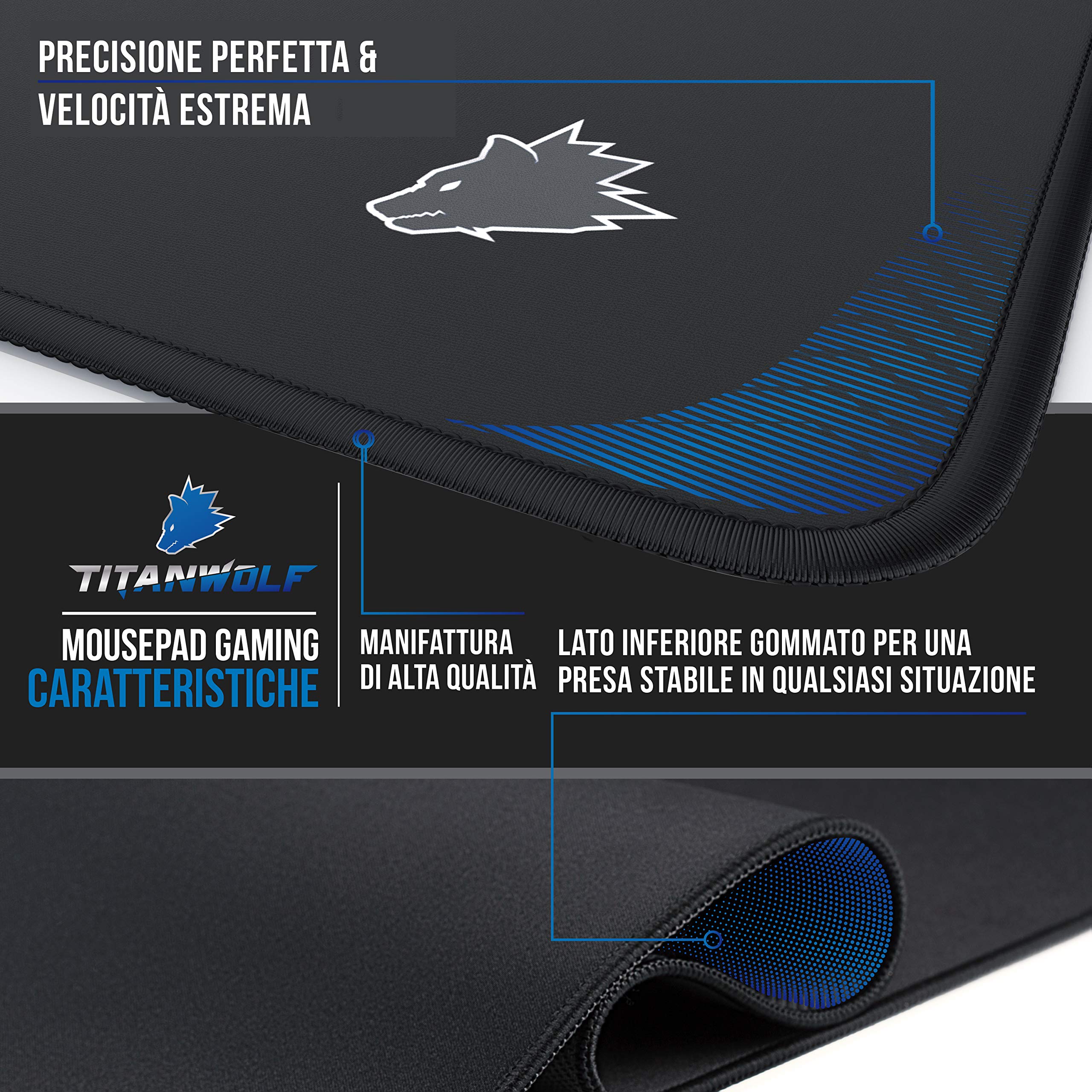 TITANWOLF - XXL Tappetino per Mouse da Gioco - Gaming Mousepad Extra Grande 900 x 400mm - Pad con Base in Gomma Antiscivolo - Spessore 3mm - Nero - Modello Symbol