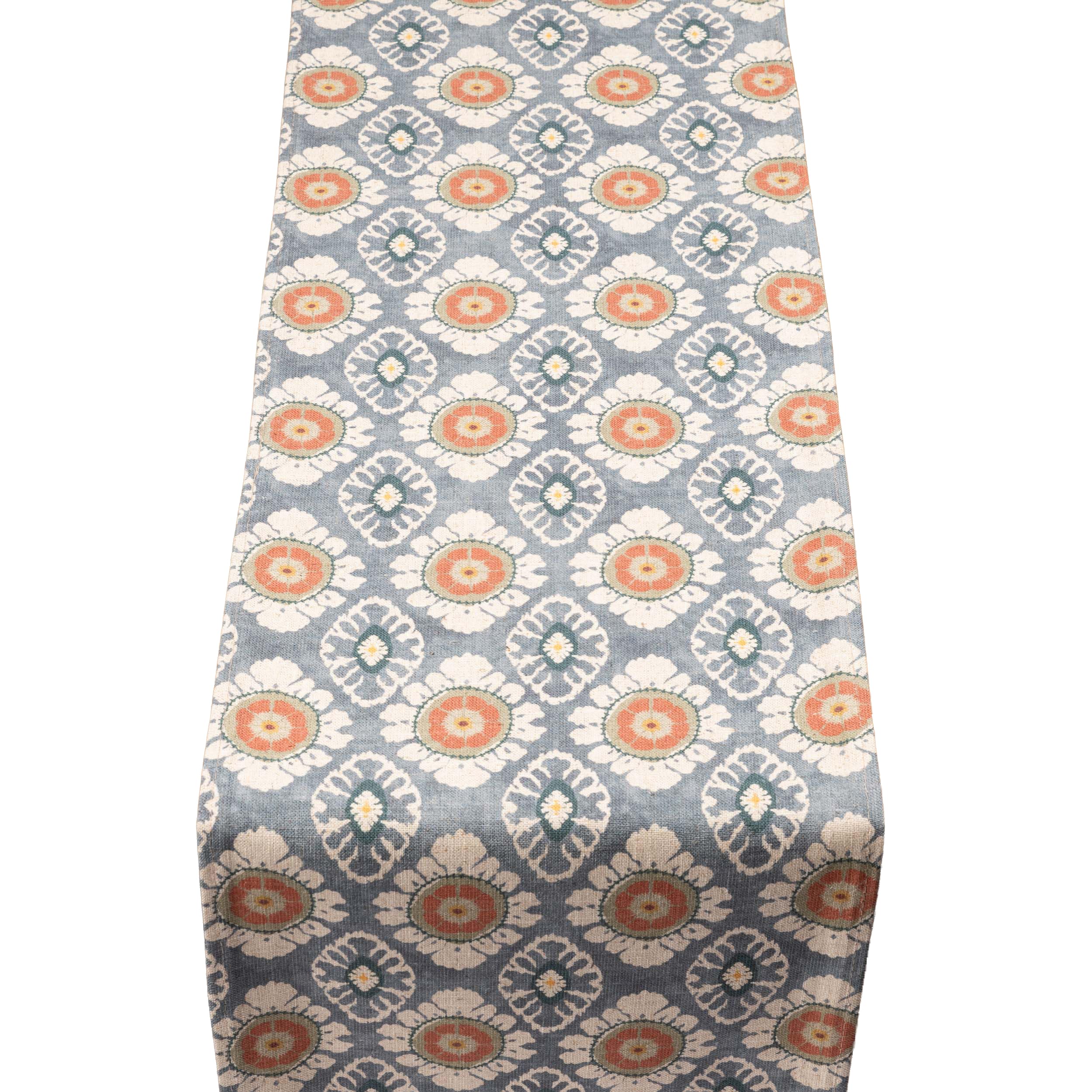 Mandala Motif Linen Print Table Runner in Cornflower Blue. Linen-Blend Block-Print Design in Burnt Orange & Ivory. Available in Two Sizes (30cm x 180cm)