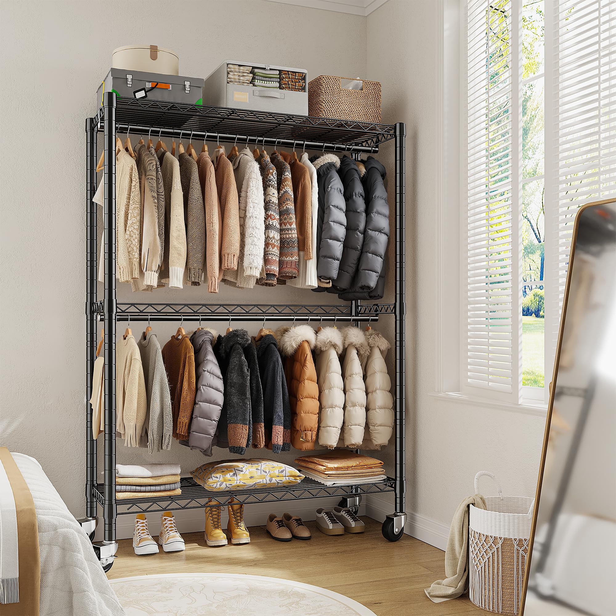90 * 40 * 200cm Portant à Vêtements Solide à Roulettes avec Plateaux | 90 * 40 * 200 cm, hauteur modulable, charge maximale 200 KG, penderie vêtement dressing avec étagères réglables, noir