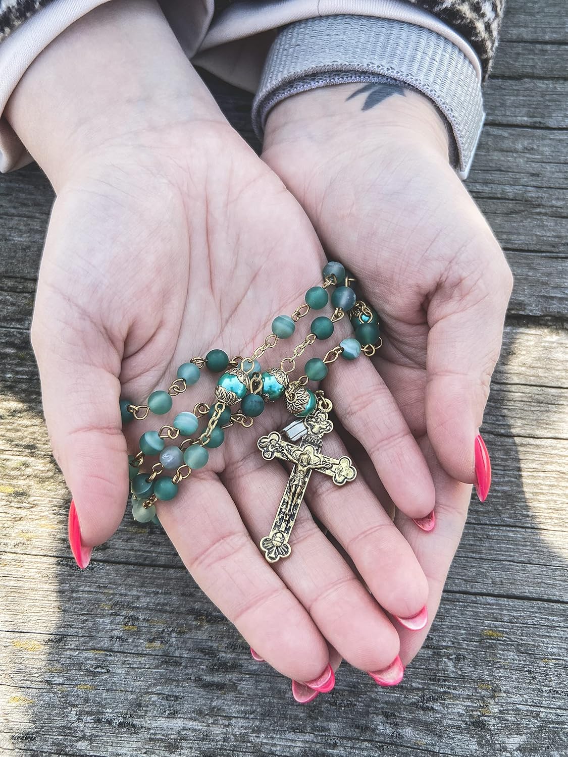 Nazareth Store Catholic Rosary Necklace Matte Stone Beads Green Pearl Round Beads Miraculous Medal & Cross - Velvet Bag - Image 4