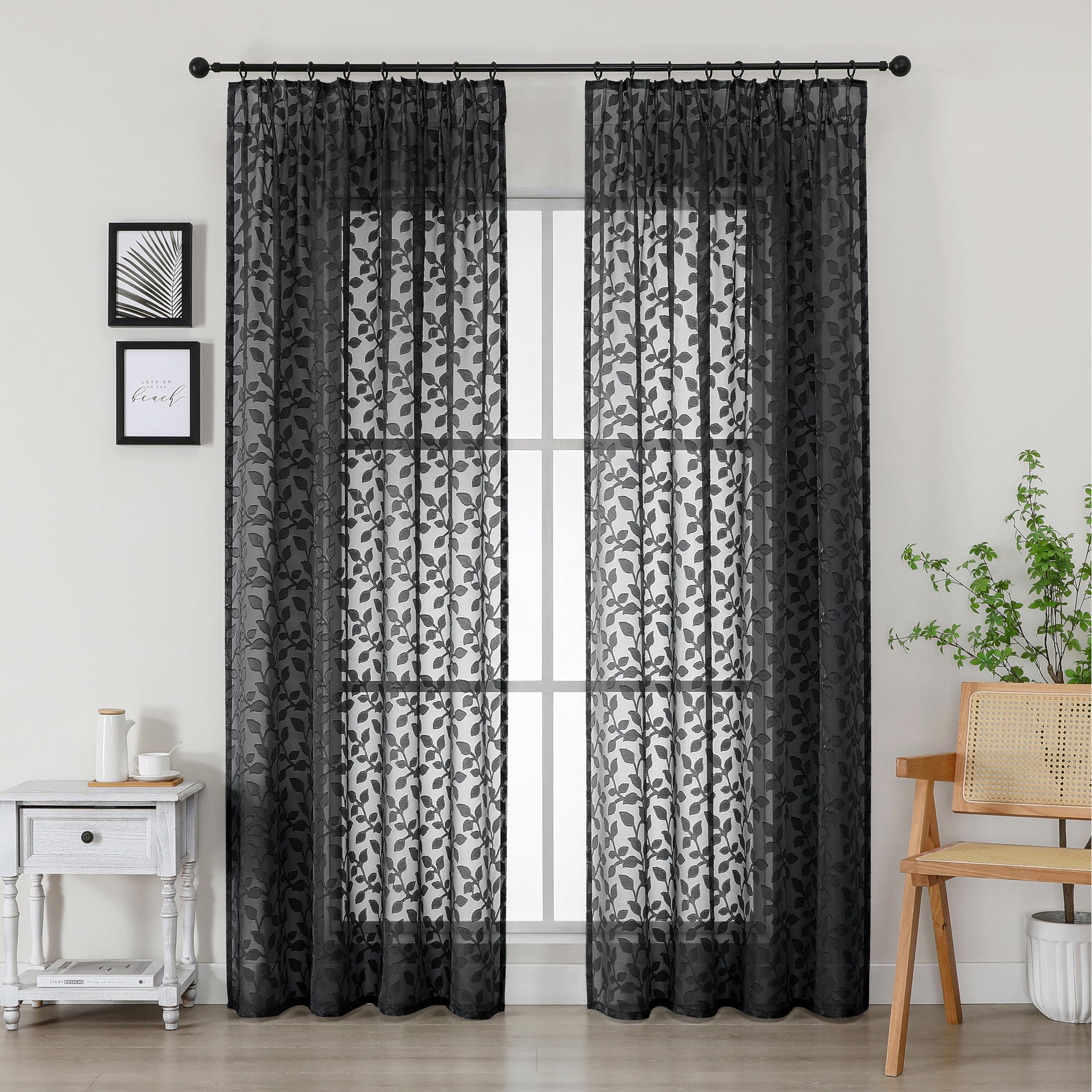 Simplebrand Black Sheer Curtains Charlton Leaf 2 Panels W140 x L229cm, Clip Jacquard Pencil Pleat Drapes, Semi-Sheer Curtains for French Doors Balcony, Light Filtering Decorative Voile Curtains โ image 1