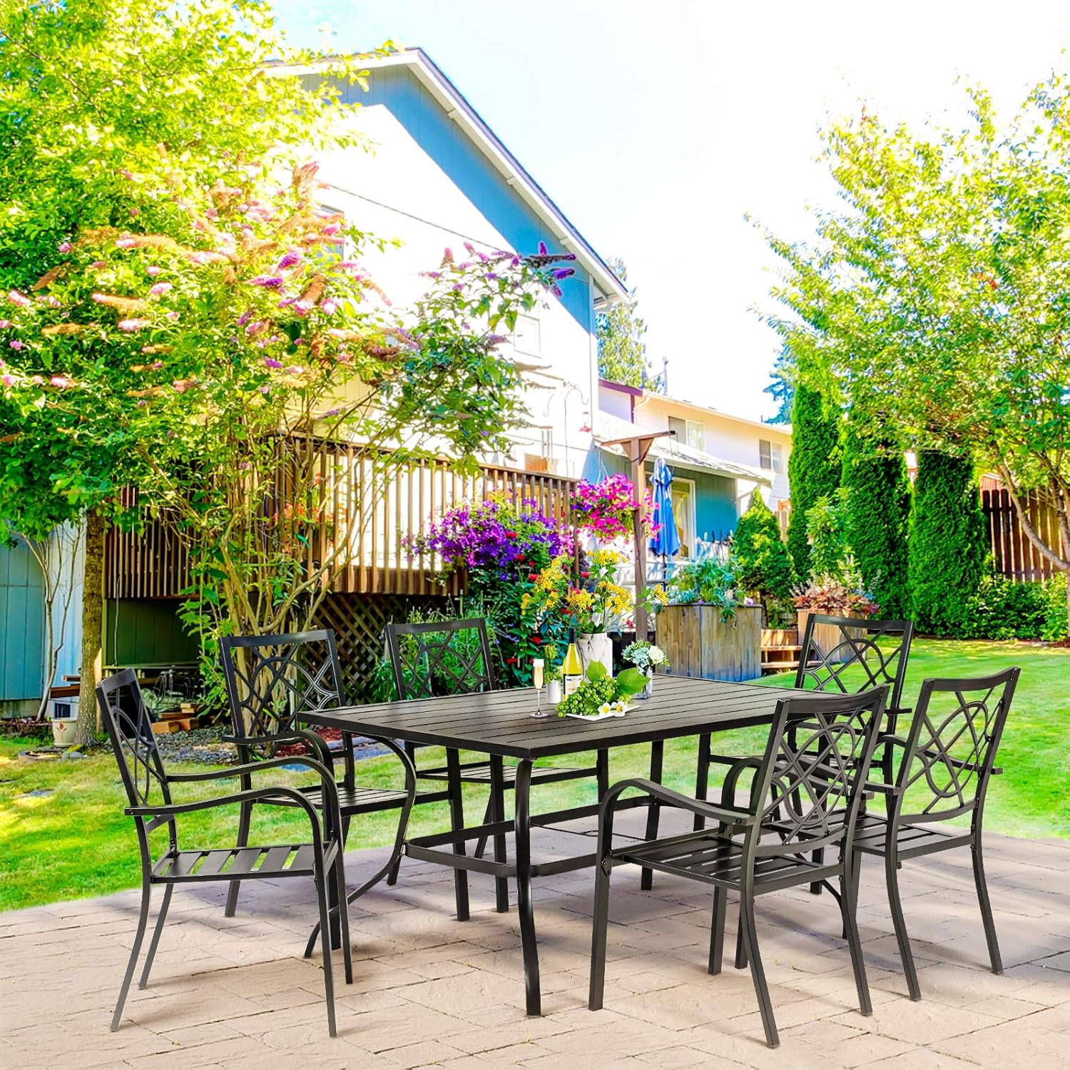 Oakcloud 7 Piece Patio Dining Set, Outdoor Metal Furniture Dining Table Set 6 Stackable Patio Dining Chairs with 1 Rectangle Patio Dining Table, Black : Patio, Lawn & Garden