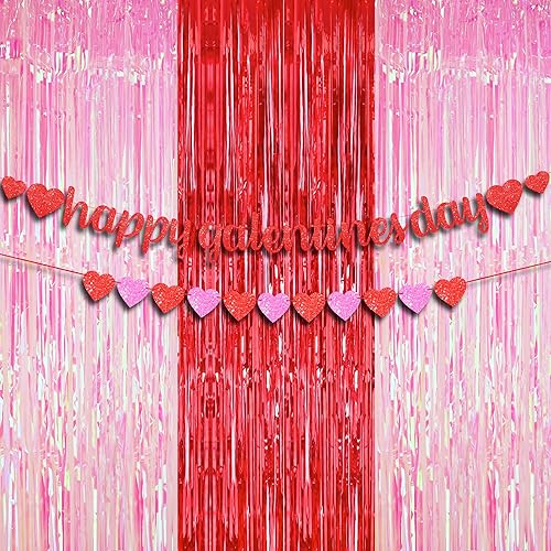 KatchOn, Cartel rojo con purpurina para el Día de los Galentinos  10 pies, sin bricolaje  Telón de fondo de serpentinas rosas y rojas Xtralarge  8 x