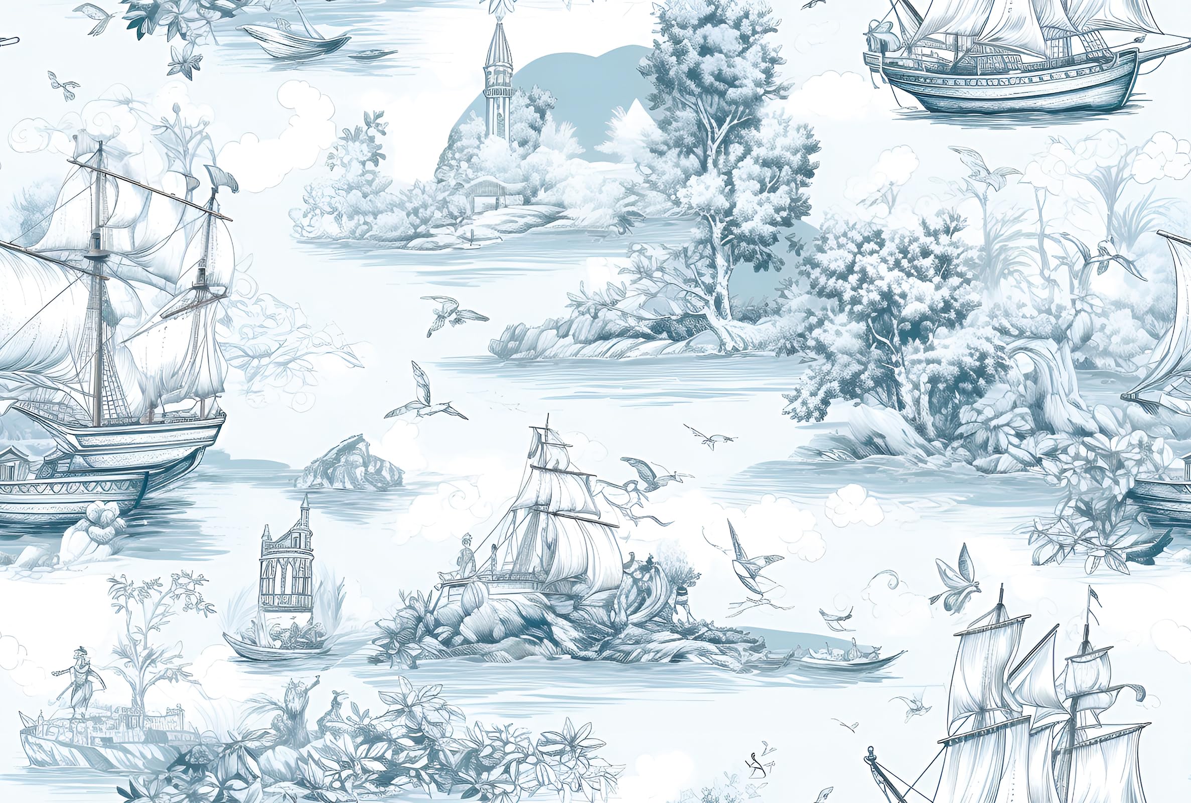 ReWallpaper 44.5CMx7M Sailboat Blue Wallpaper Toile De Jouy Peel and Stick Sticky Back Plastic Patterned Waterproof Bathroom Wallpaper Blue Pattern Sea View Tree Bedroom Wall Paper