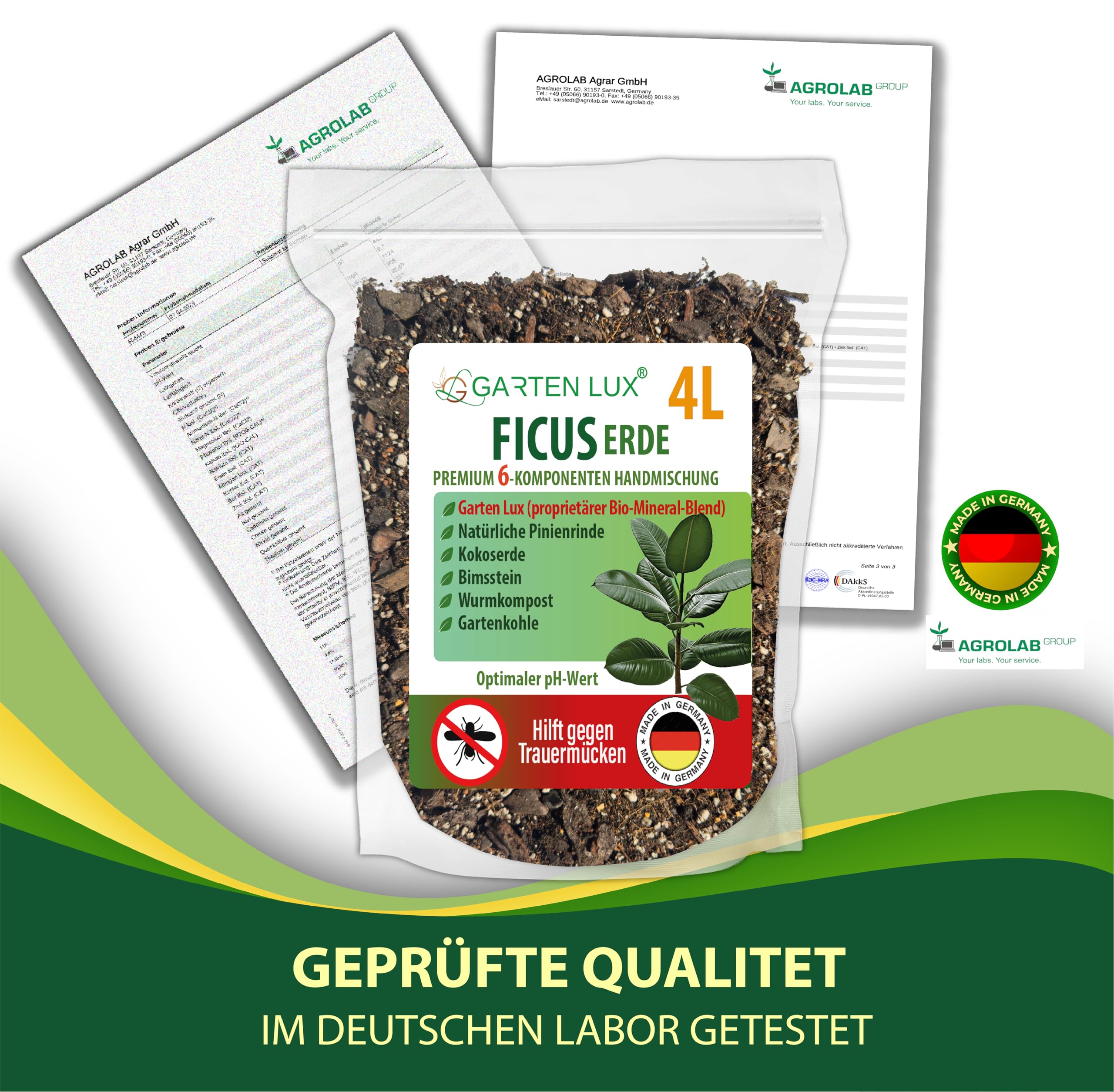 Garten Lux Ficus ziemia 4 l – specjalna ziemia 6 w 1, bez torfu, przeciw komarom – do Ficus Benjamina, Elastica, Lyrata, Pumila, Carica, Microcarpa, Alii, Benghalensis i wielu innych