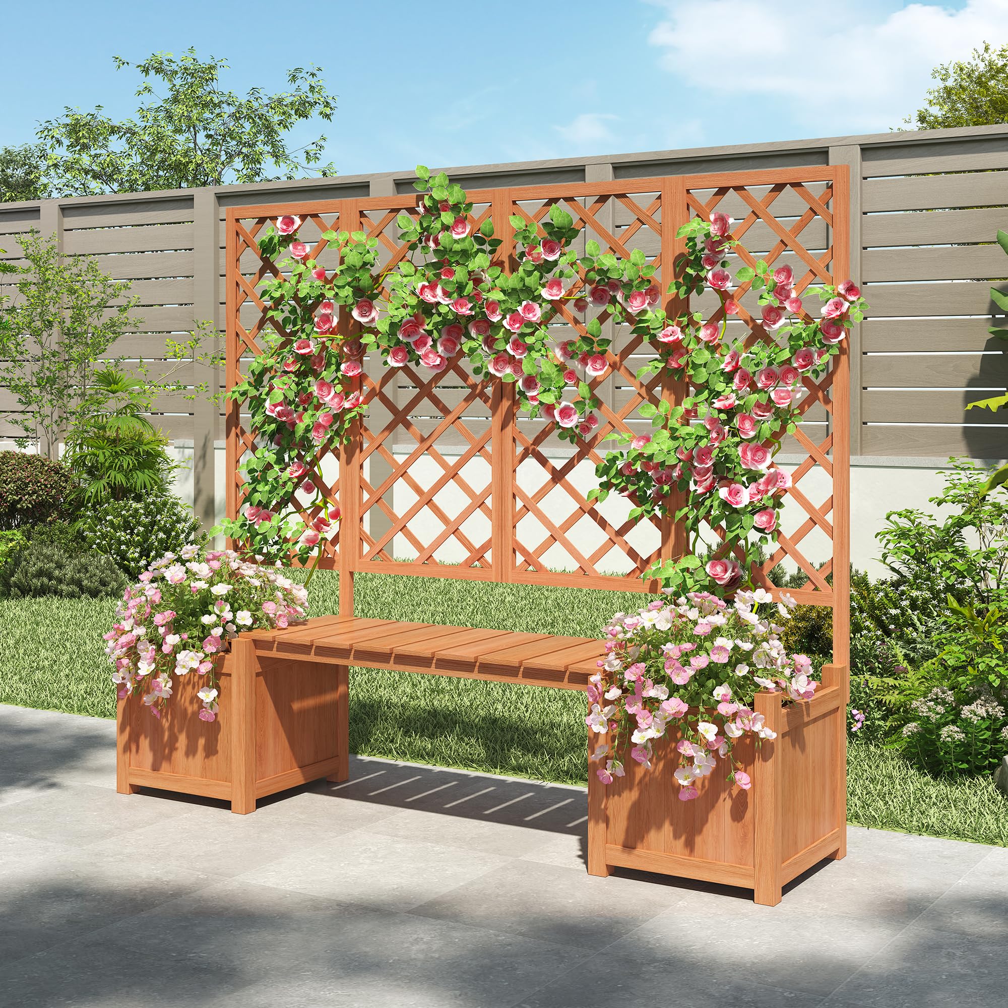 Pflanzkübel Pflanzgefäß mit Spalier als Rankhilfe Blumenkübel mit viel Platz Blumenkasten Pflanzenkasten Braun Massivholz Tanne Pflanzkübel mit Spalier und Sitz für Garten Hof Terrasse