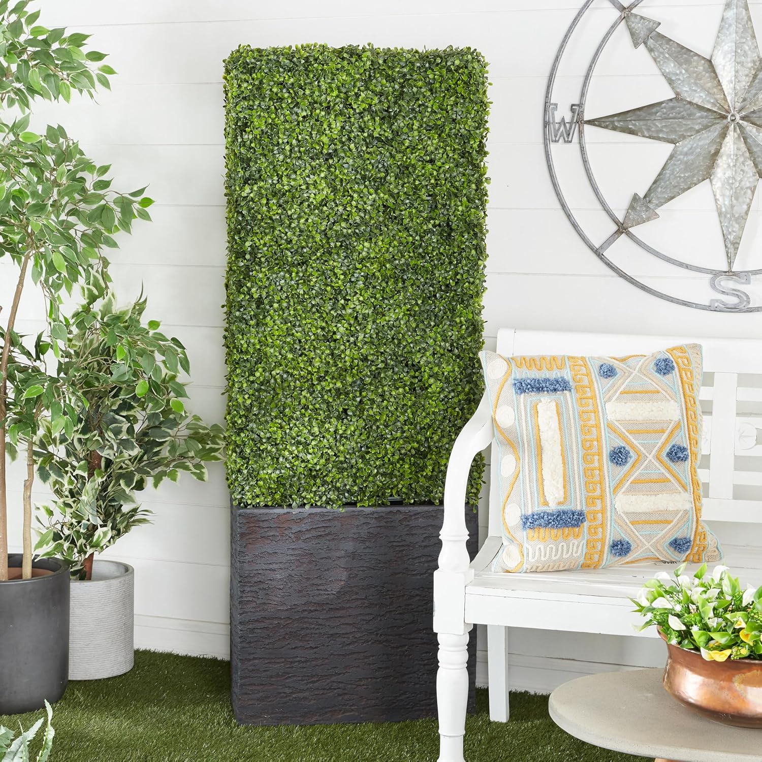 Green Plastic Boxwood Hedge Topiary with Black Planter Box