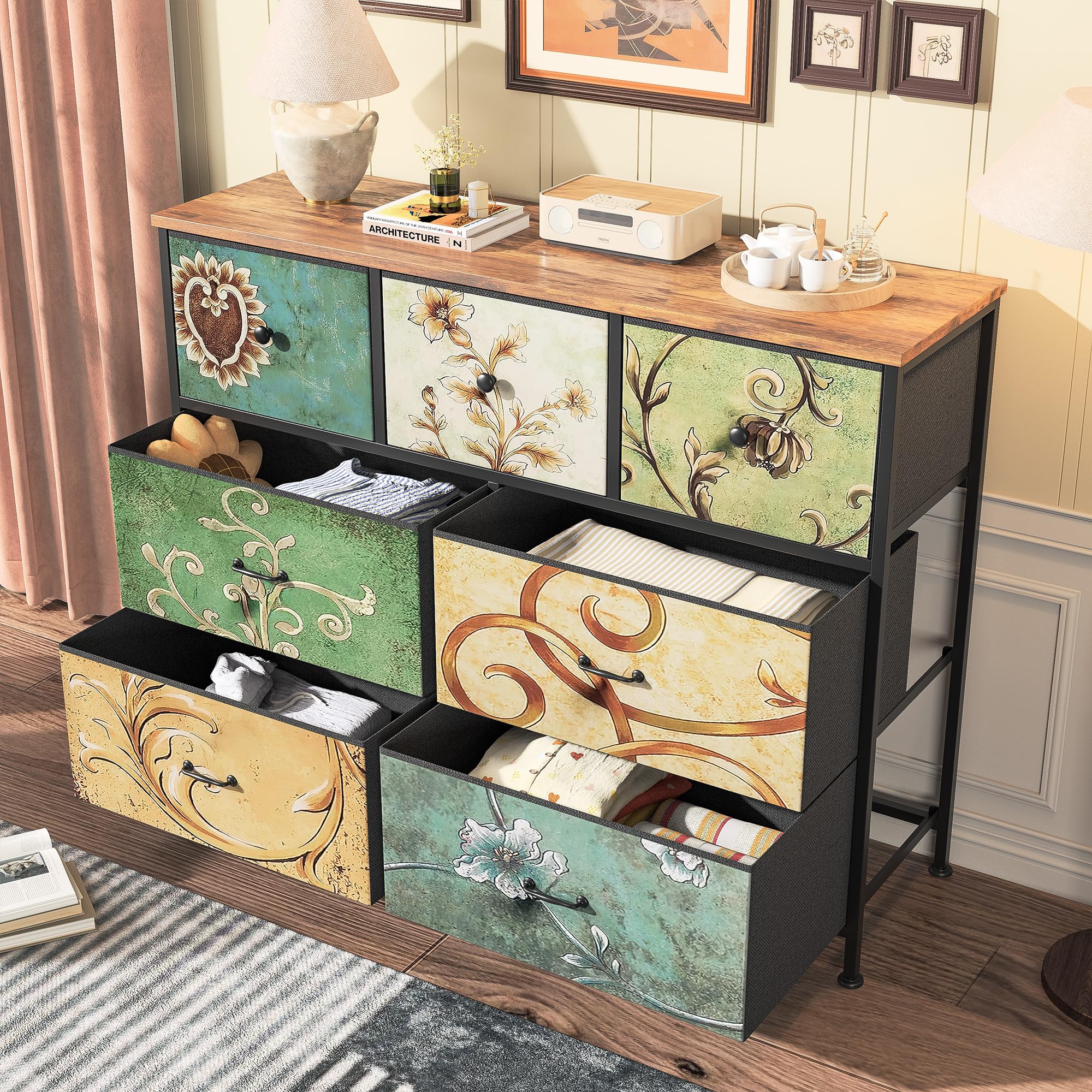 Commode à 7 Tiroirs en Tissu,Commode Chambre Adulte Armoire Tiroirs avec Plateau Bois et Cadre Métal,Meuble de Rangement pour Chambre d’Enfant, Salon et Couloir