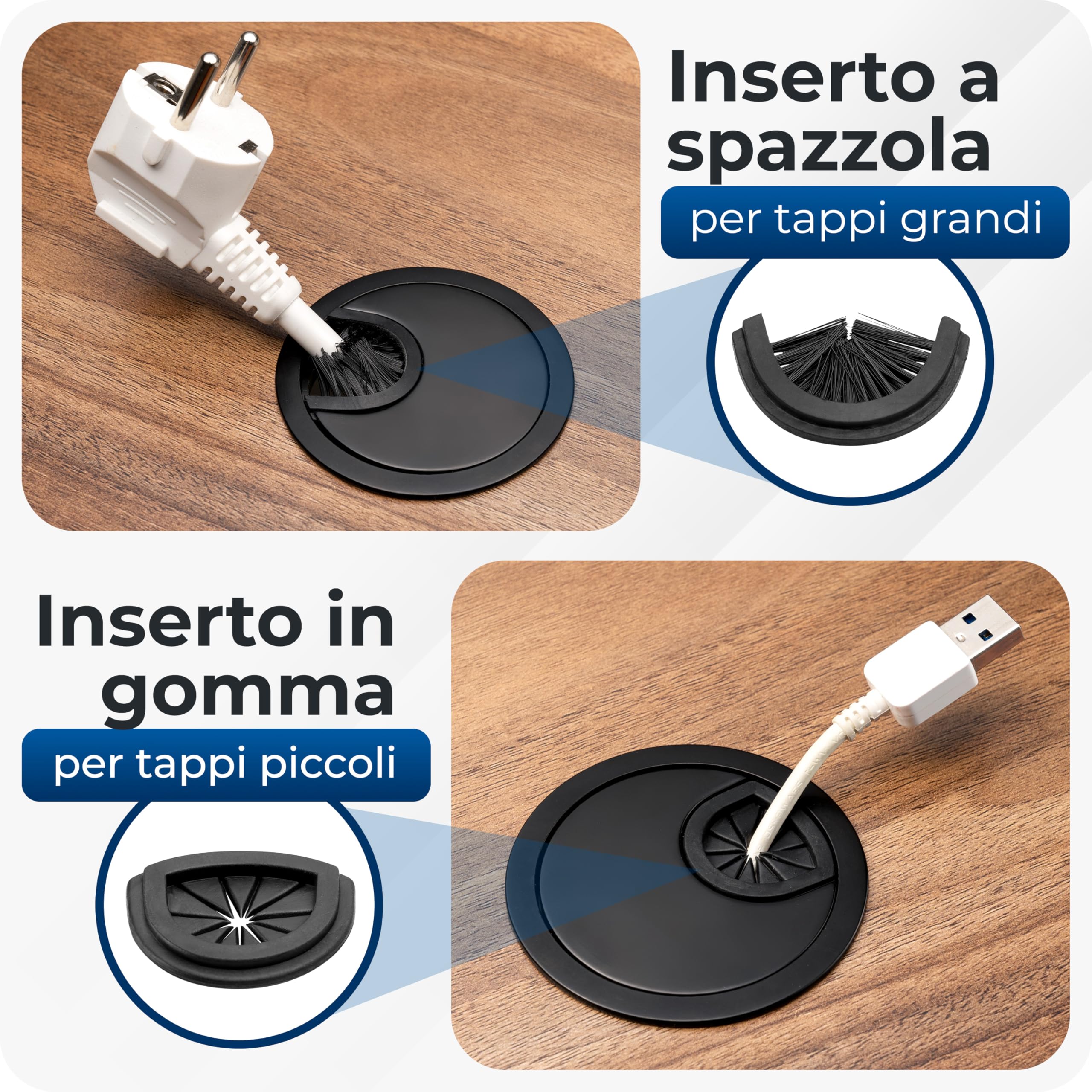 Passacavi Per Scrivania BRUCE Premium - Ø60mm, Con Spazzola E Gommini, Nero, Per Cavi Ordine - Foto 13