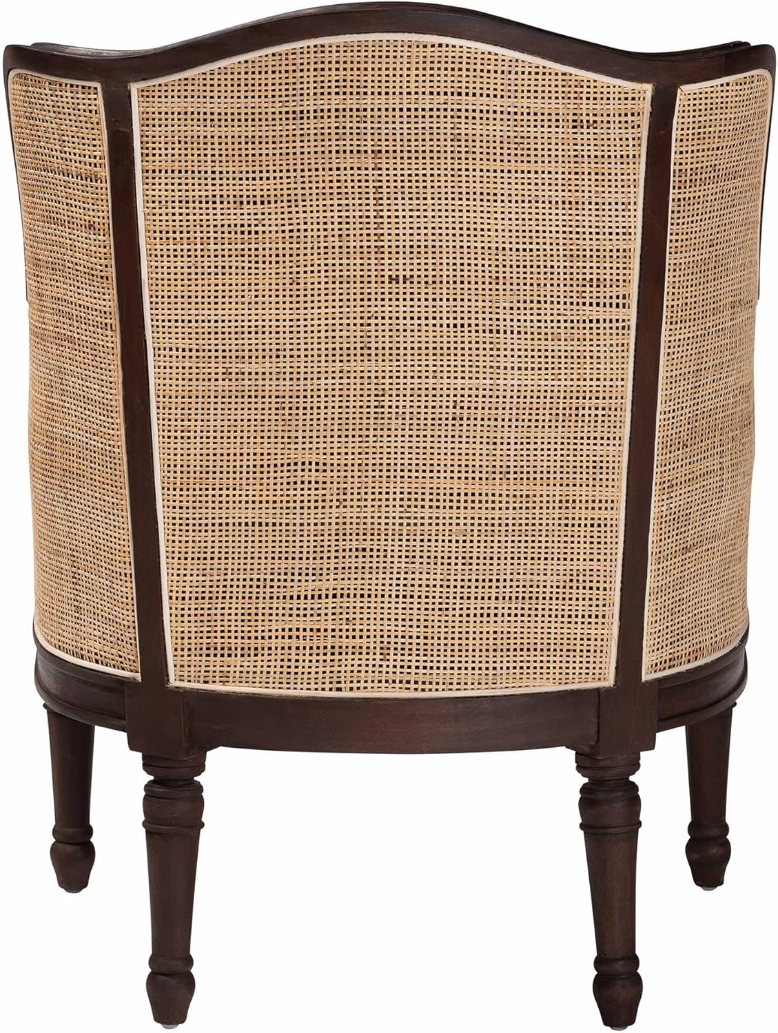 bali & pari Ornella Beige Fabric Upholstered Armchair with Natural Rattan Woven Accents