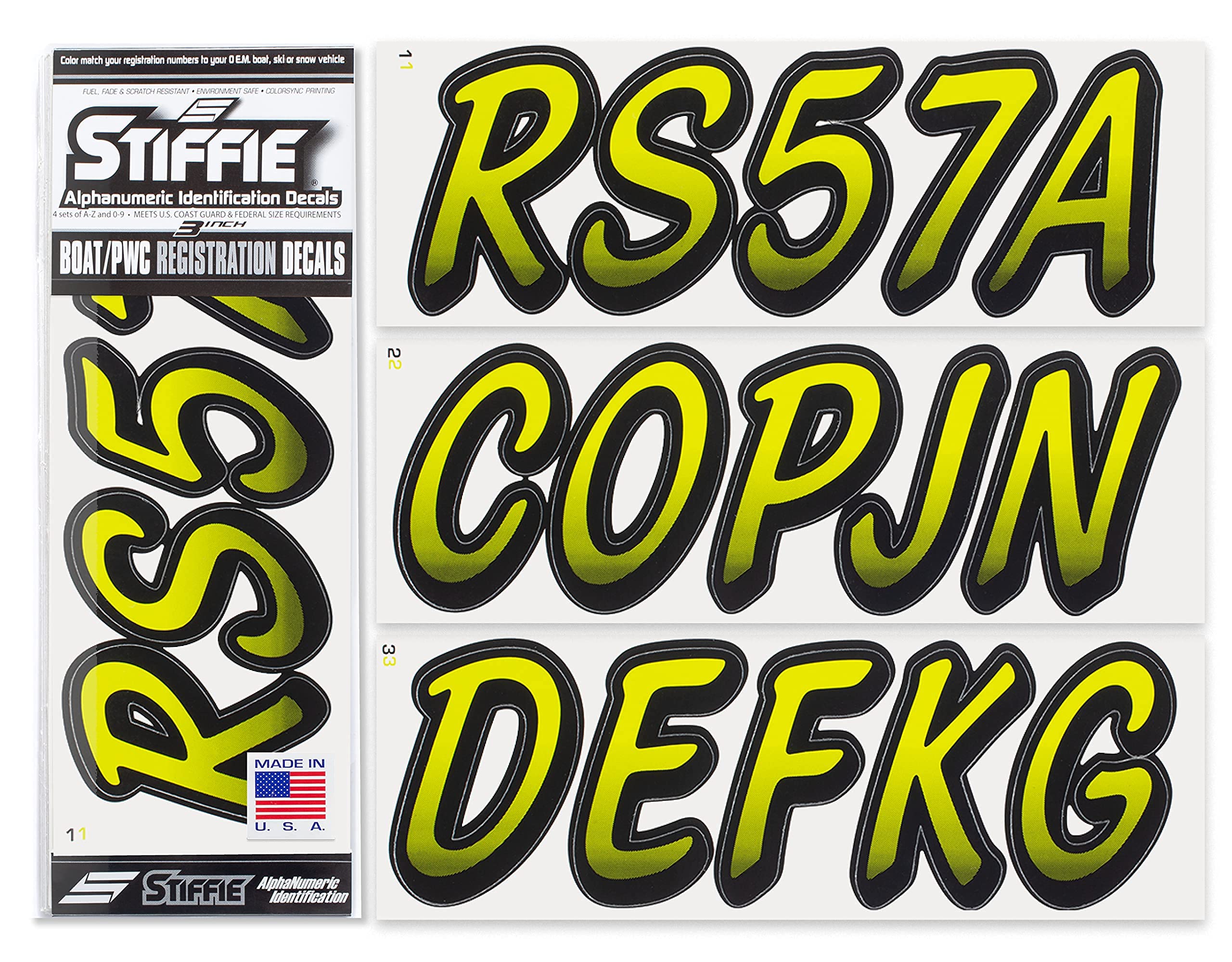 STIFFIE Whipline Electric Yellow/Black 3" Boat &amp; PWC Registration Decals • Numbers Letters Stickers