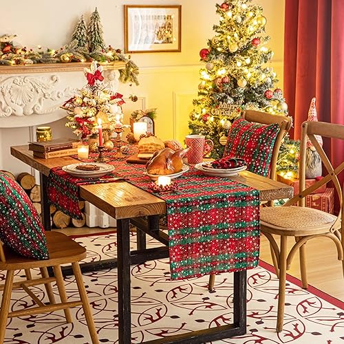 Miniatura 5 de Camino de mesa de Navidad a cuadros rojos y verdes, camino de mesa de copo de nieve de vacaciones de invierno de 72 pulgadas de largo, decoraciones