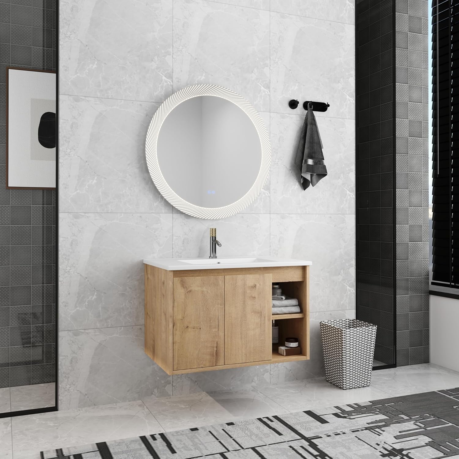 30 Inch Bathroom Vanity with Sink, Imitative Oak Modern Wall Mount Floating Vanity Set with Soft-Closing Door and Ceramic Basin, Contemporary Styling for Elegant Bathrooms