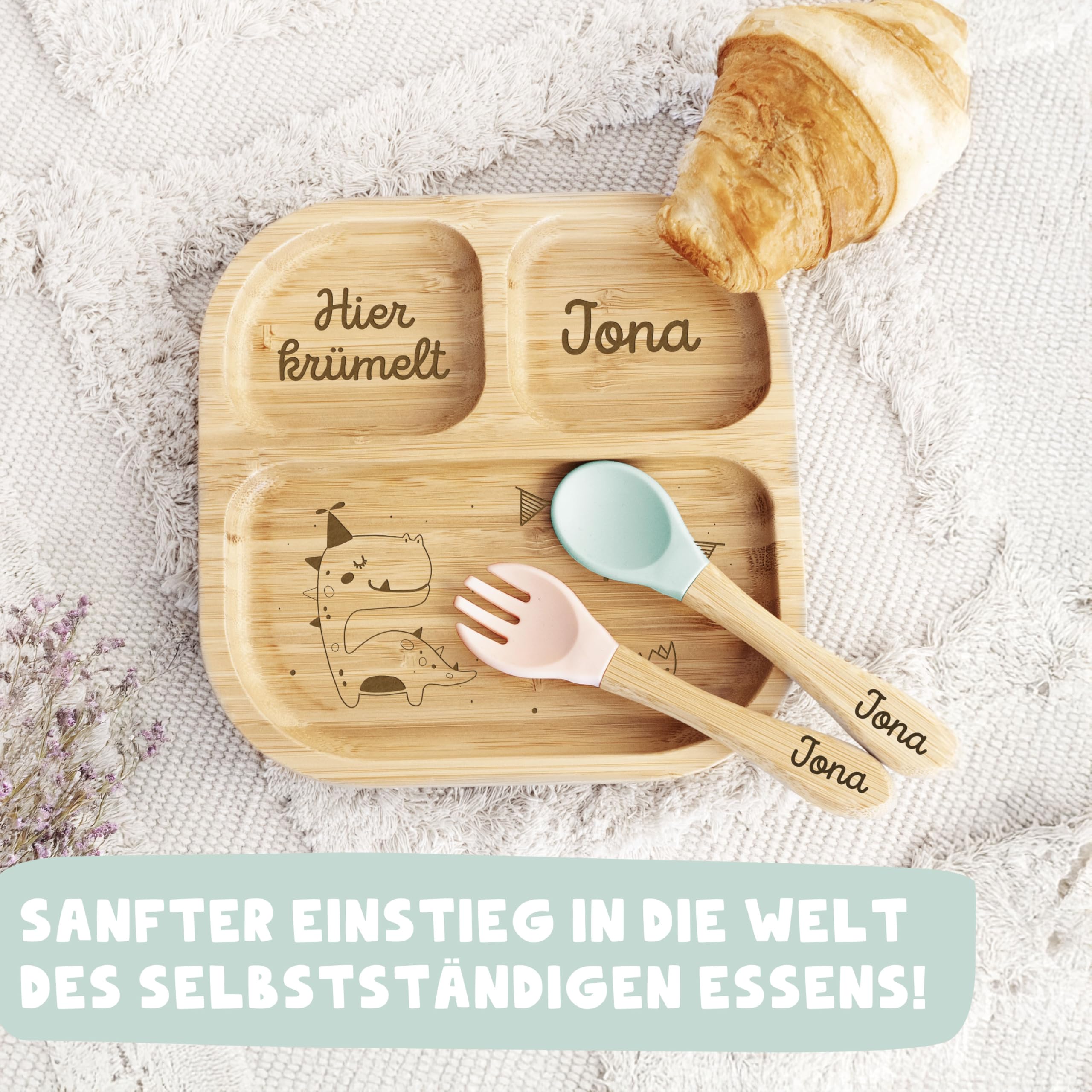 hellomini Personalisierter Babyteller mit Saugnapf – Individueller Kinderteller aus hochwertigem Bambusholz – Geschenk zur Geburt & Taufe – BPA-frei (Dino, Nur Teller)