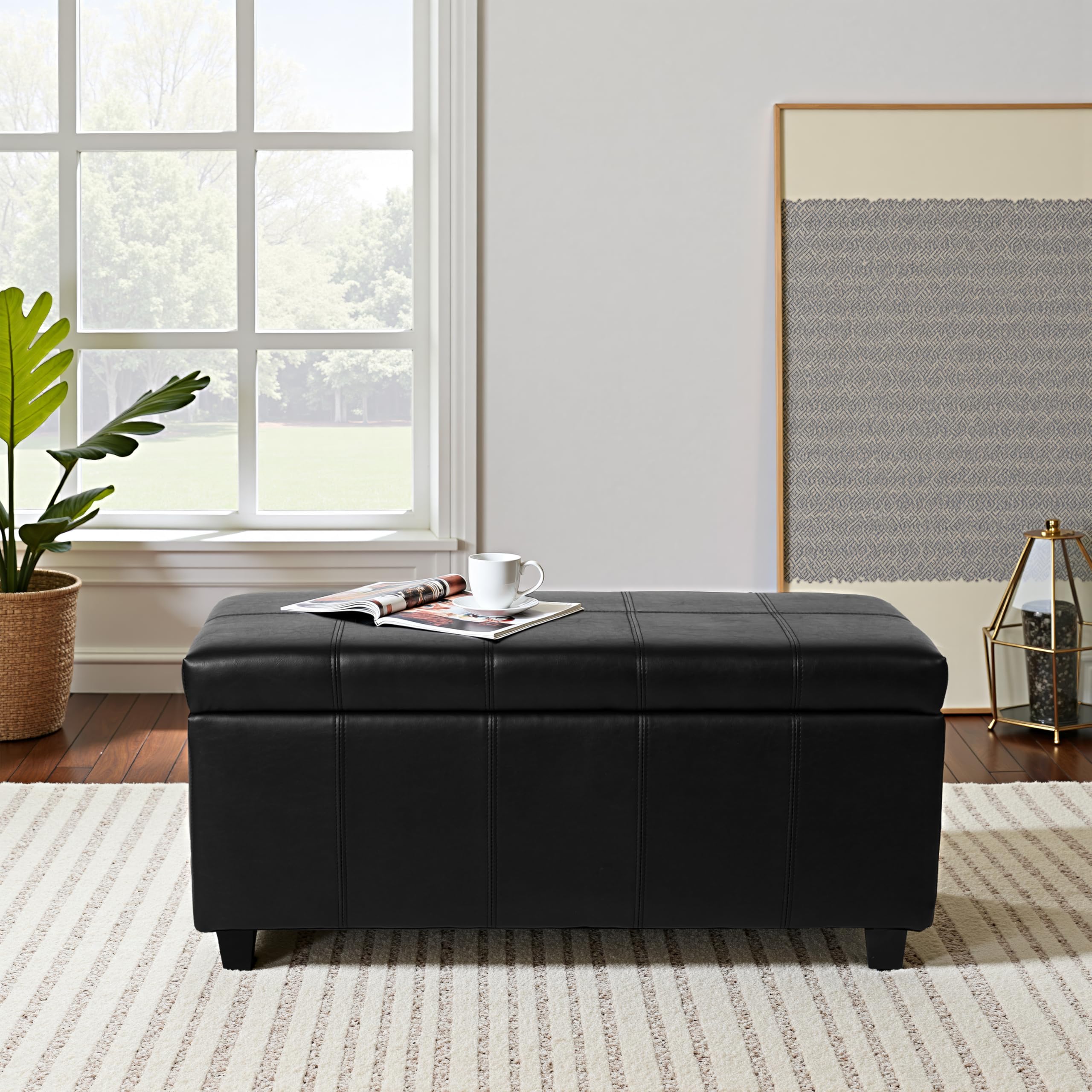 36 Inch Lift-Top Storage Ottoman Bench - Faux Leather, Tufted, Rectangular Footrest, Black