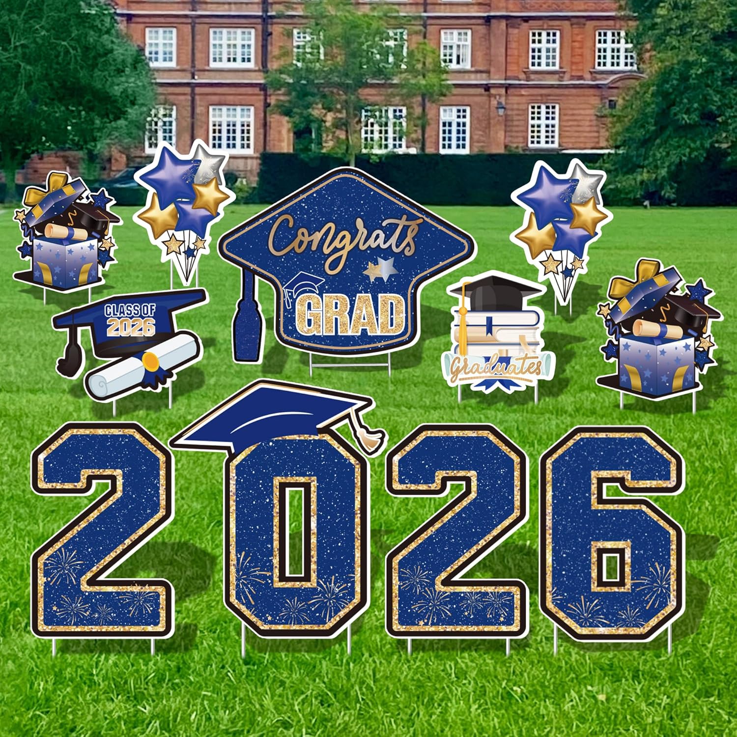 Large 11 PCS Graduation Yard Signs, Class of 2026 Congrats Grad Outdoor Lawn Yard Sign with Stakes, Graduate Yard Decorations for College High School Party, Blue and Gold