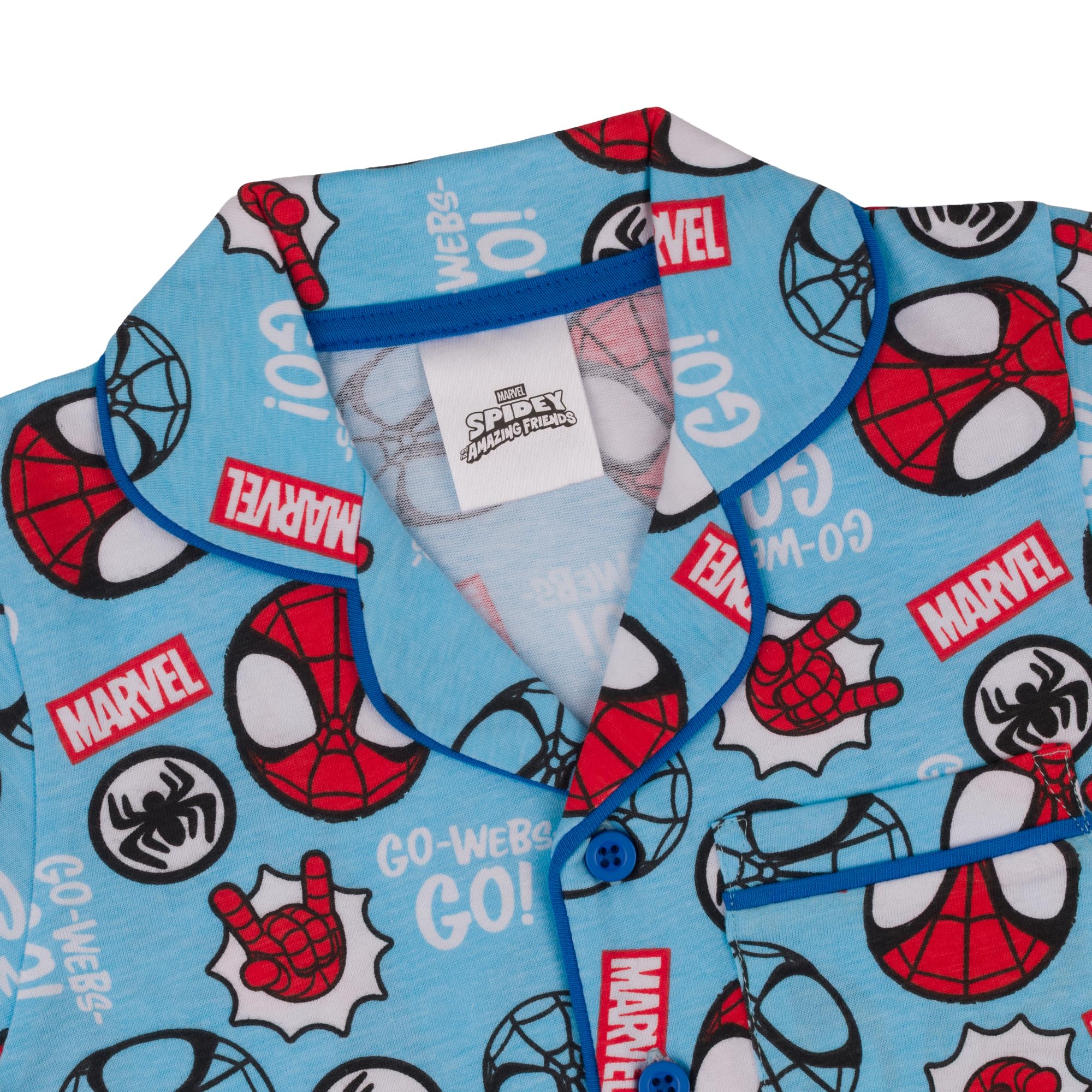 Marvel Press Spidey e i Suoi Fantastici Amici/Spiderman, 100% Cotone con Bottoni Pigiama a Maniche Corte, Spiderman, Blu