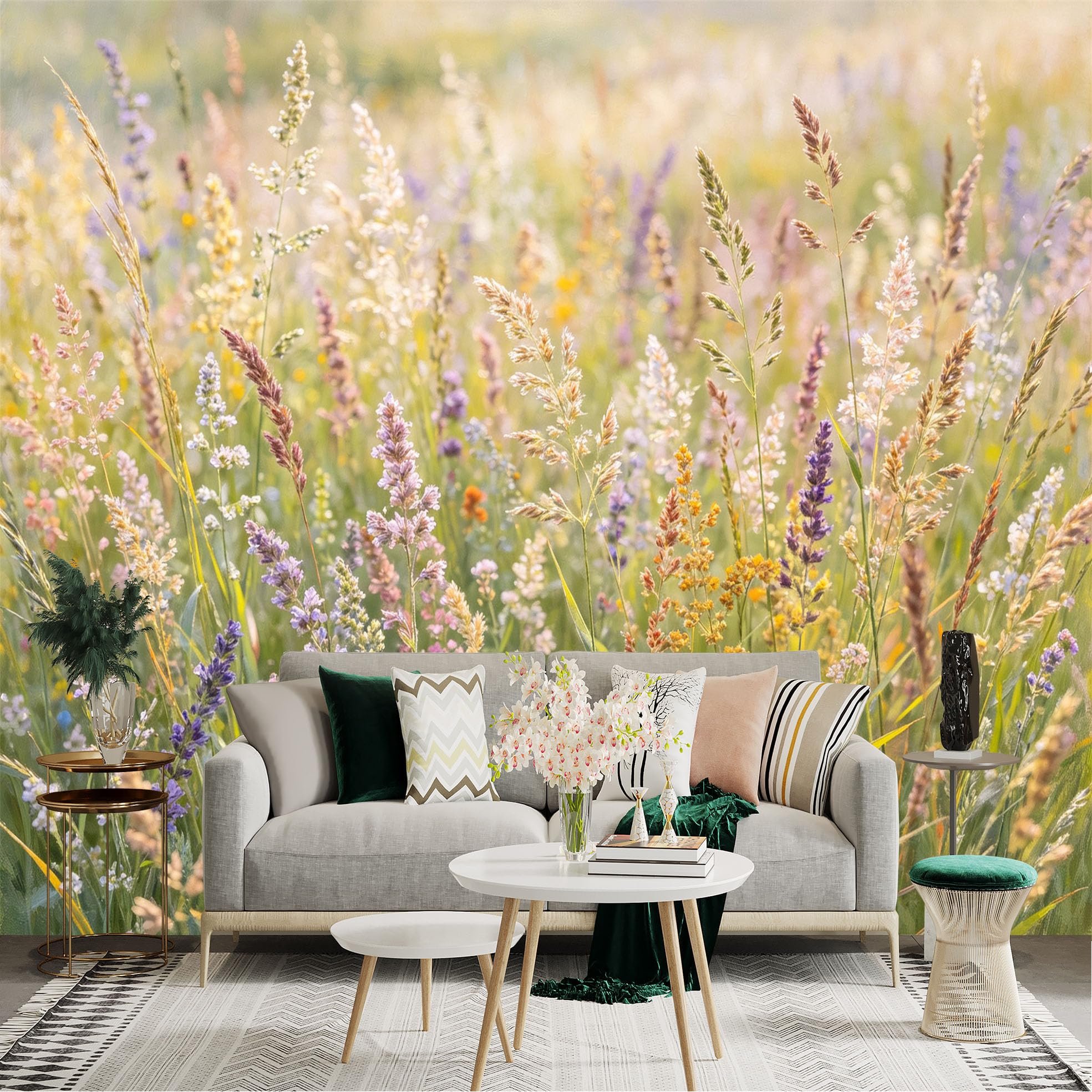 Lnzczhyre Dbh260521241 Custom Size Wall Sticker Mural， Wildflower Meadow， Summer Nature Scene， Blooming Floral Field， Botanical Sunlight Aesthetic， For Wall Decoration， Peelandstick Wall Decals.