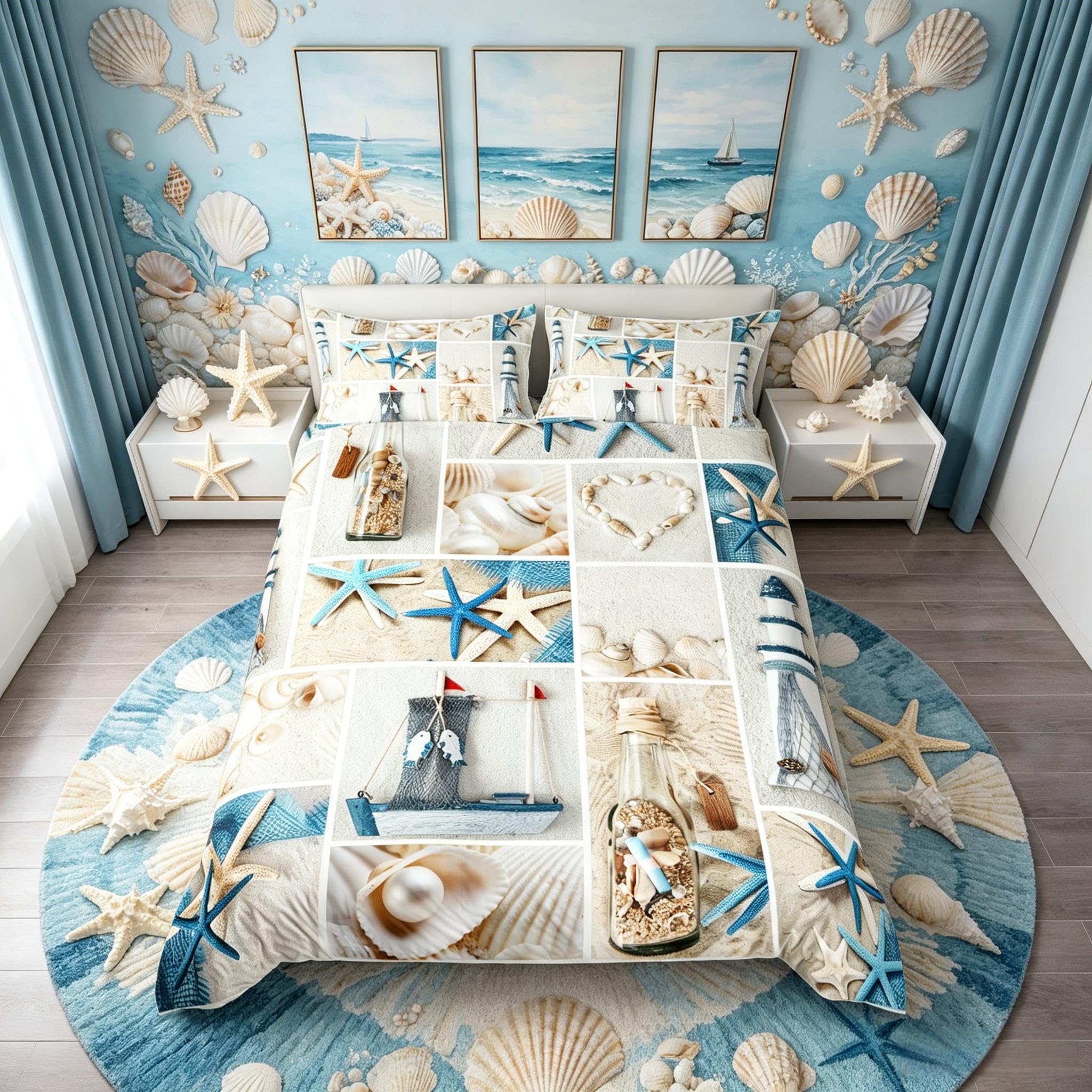 Loussiesd Beach Themed Duvet Cover Set Double Size Ocean Navigation Bedding Set Sea Starfish Seashell Lighthouse Microfiber Polyester Comforter Cover with 2 Pillow Shams, Zipper, Soft