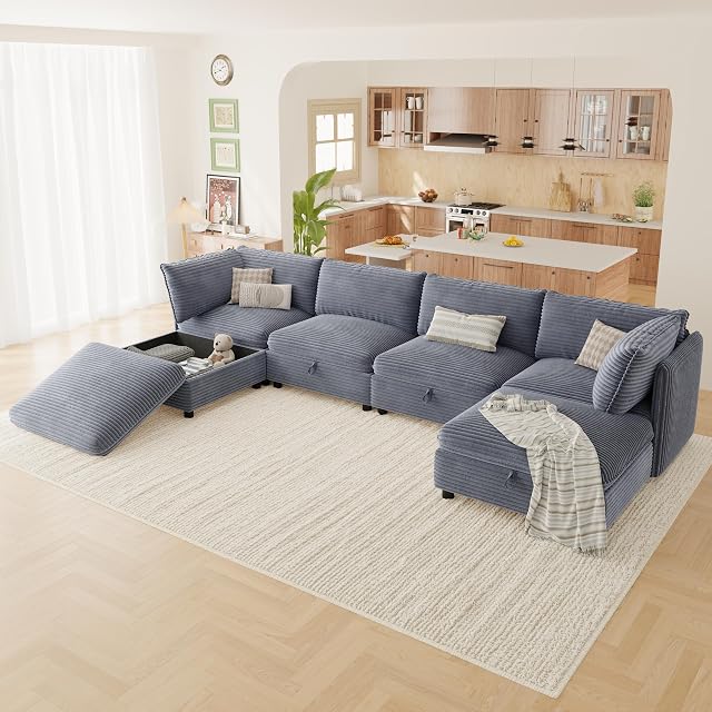 125 Modular Sectional Sofa FSC Certified 6 Seater Sectional Sofa Corduroy Modern Couch with Removable Covers Modern Couch