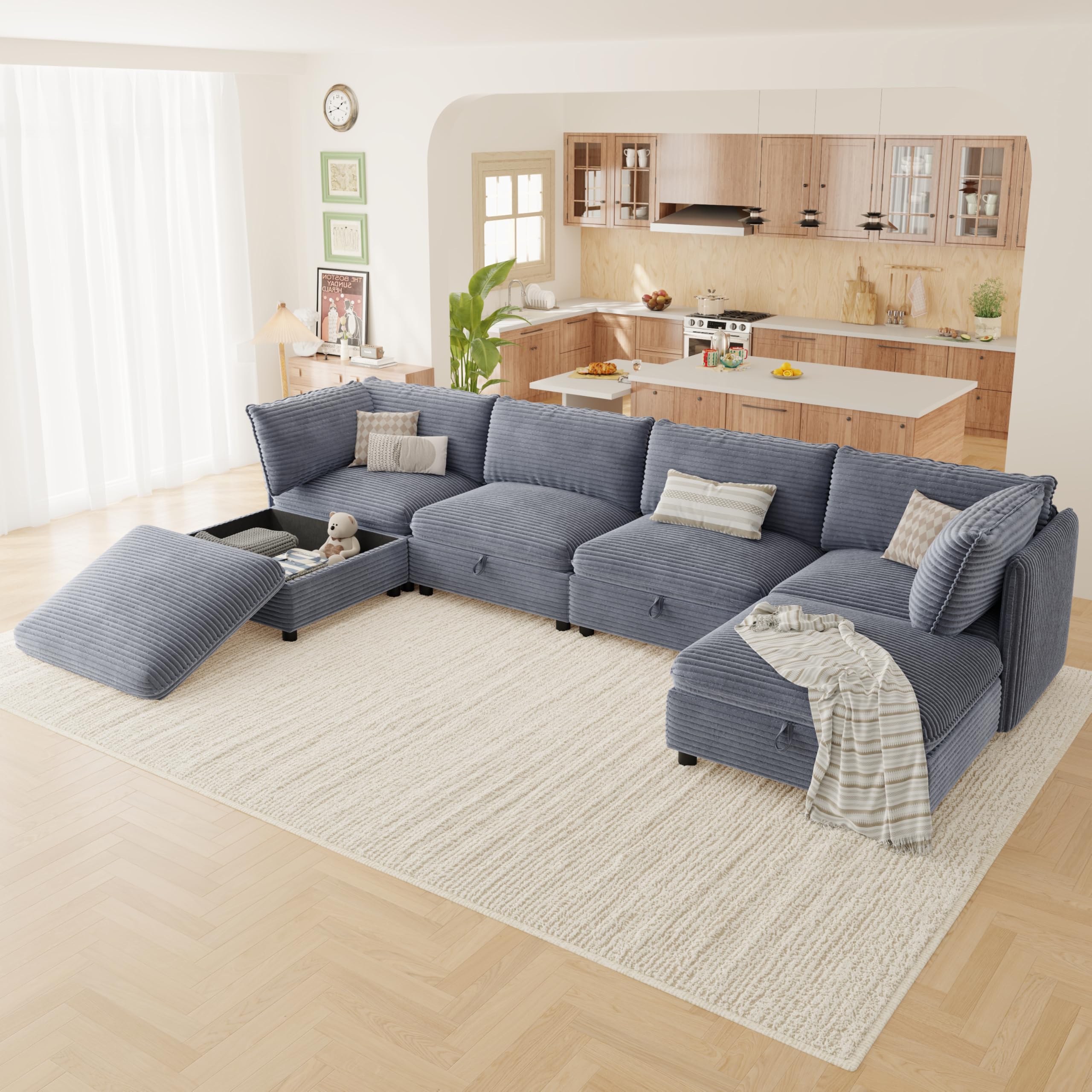 125 Modular Sectional Sofa FSC Certified 6 Seater Sectional Sofa Corduroy Modern Couch with Removable Covers Modern Couch
