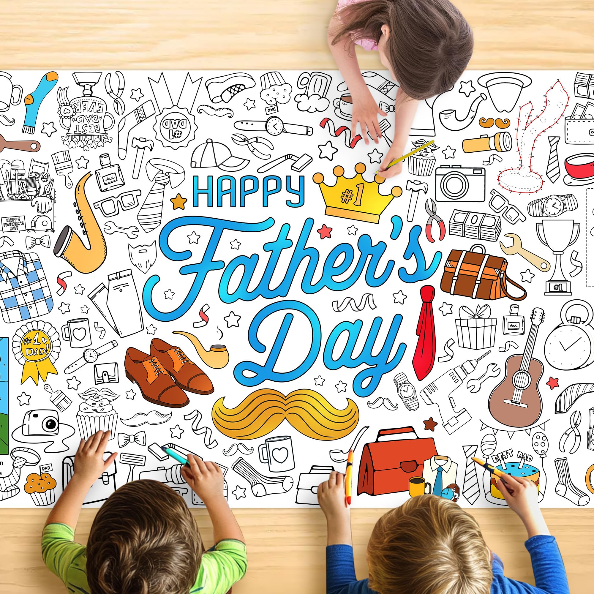 Father’s Day Coloring Tablecloth For Kids, Huge 30x72 Inch Poster With Sports And Tools, Perfect For Family Party Games, Festive Decorations, Interactive Activities, And Celebration Supplies