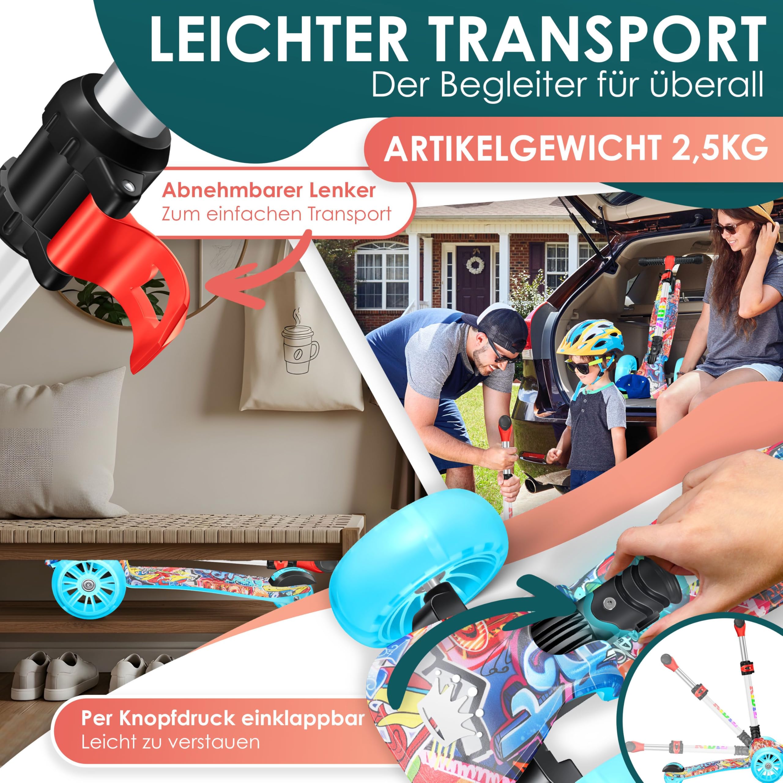 KIDIZ® Trottinette Pro1 à Trois Roues avec LED en polyuréthane - Hauteur réglable - pour Enfants de 3 à 12 Ans