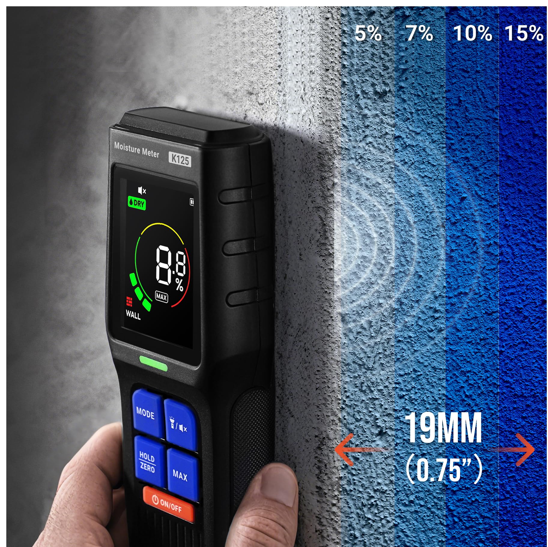 Testeur d'Humidité Sans Contact pour Murs, Bois et Cloison Sèche | Humidimètre avec Écran LCD et Alarme Automatique, 4 Modes, Détection Jusqu’à 19 mm de Profondeur