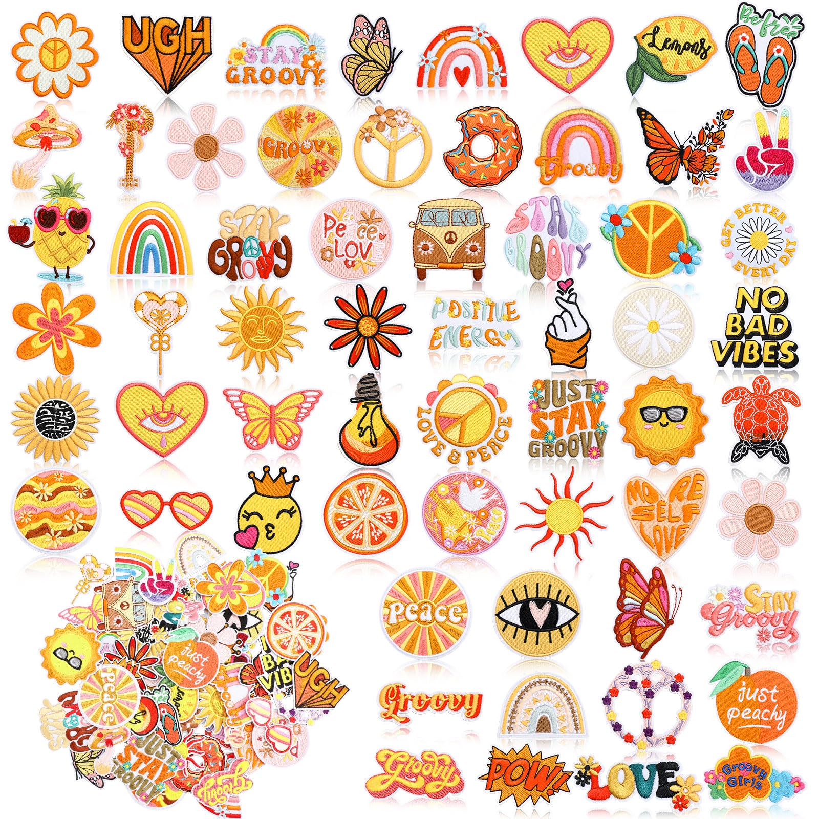 60 Pcs Groovy Iron On Patches – Hippie Style Orange Embroidered Patches For Jeans, Jackets, Bags & DIY Crafts - View #5