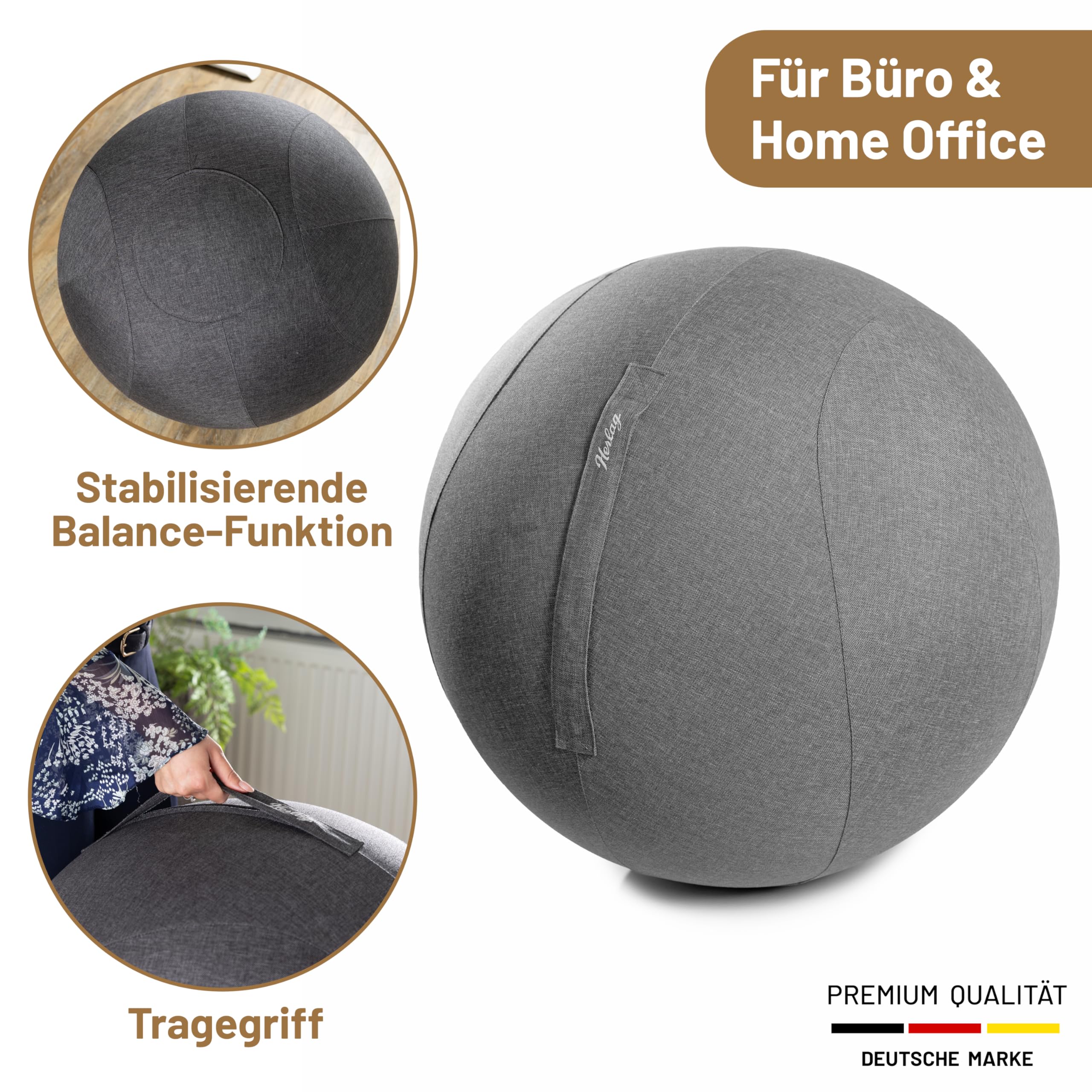 Herlag Office Ball 65cm - Sitzball ergonomisches Sitzen - Gymnastikball Büro & Home Office - Inklusive Stoffbezug Innenball Pumpe Adapter - Alternativer Bürostuhl - Waschbarer Bezug - Grau