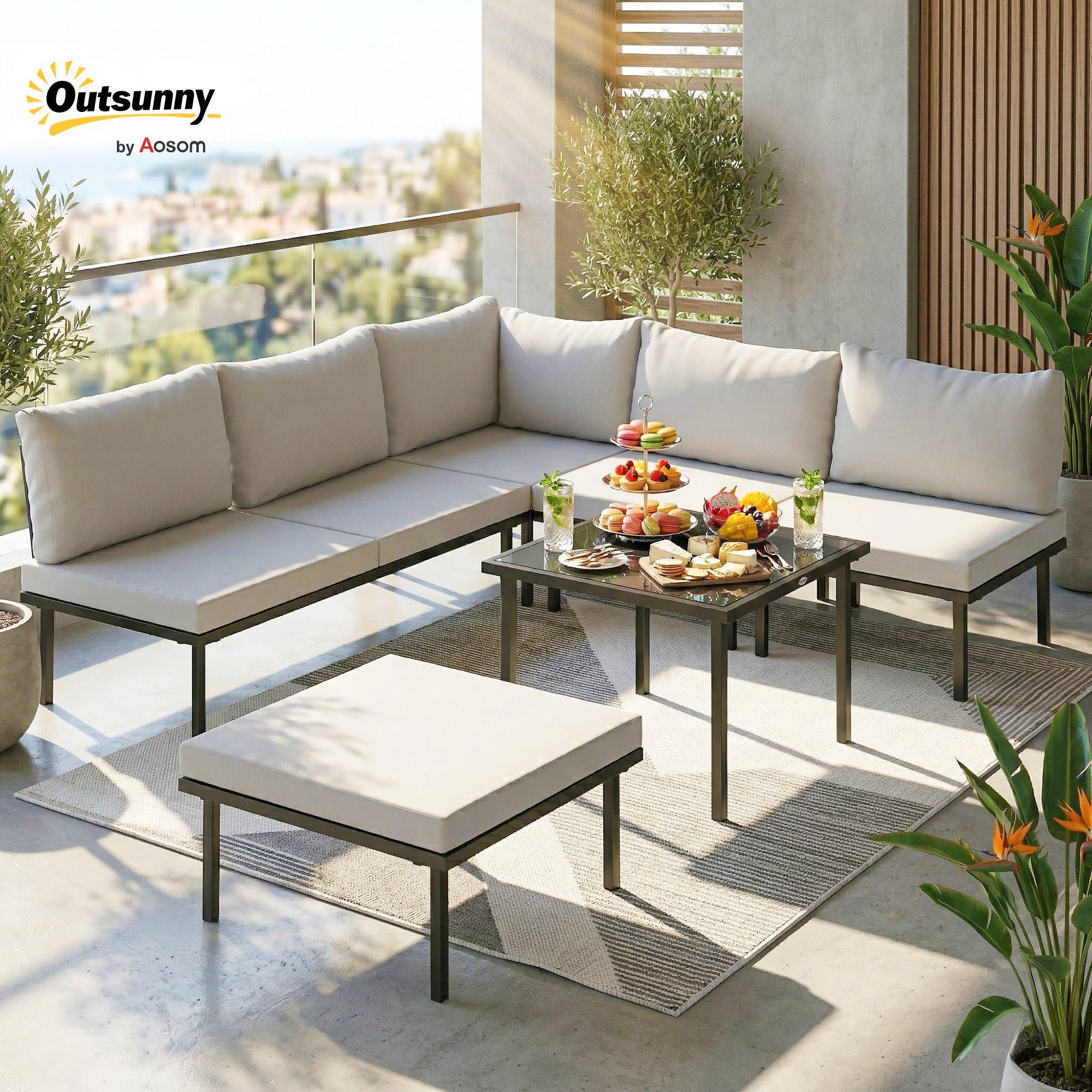 Outsunny Conjunto de Muebles Jardín Exterior 6 Piezas Sofá Gris Claro | Seccional Forma de L, Sofá de 2 Plazas, 2 Sillones, Reposapiés, Mesa con Tapa de Vidrio, Cojines, Módulo de Esquina